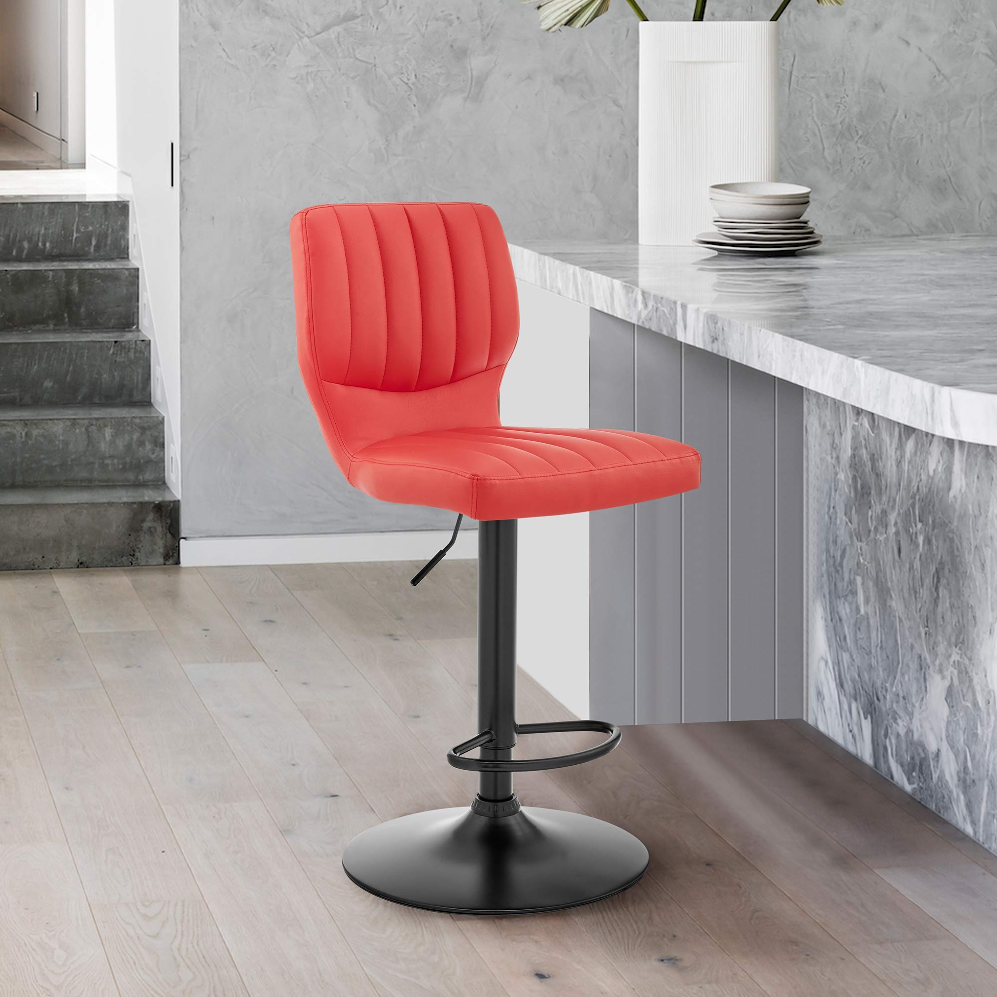 Adjustable Height Red Faux Leather Swivel Bar Stool