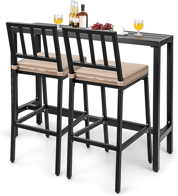 3 Piece Outdoor Patio Bar Set with Cushioned Stools