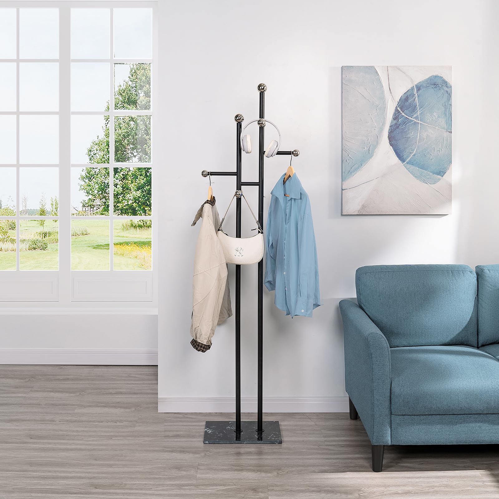Coat Rack Freestanding with Marble Base - Heavy Duty Metal Corner Coat Tree