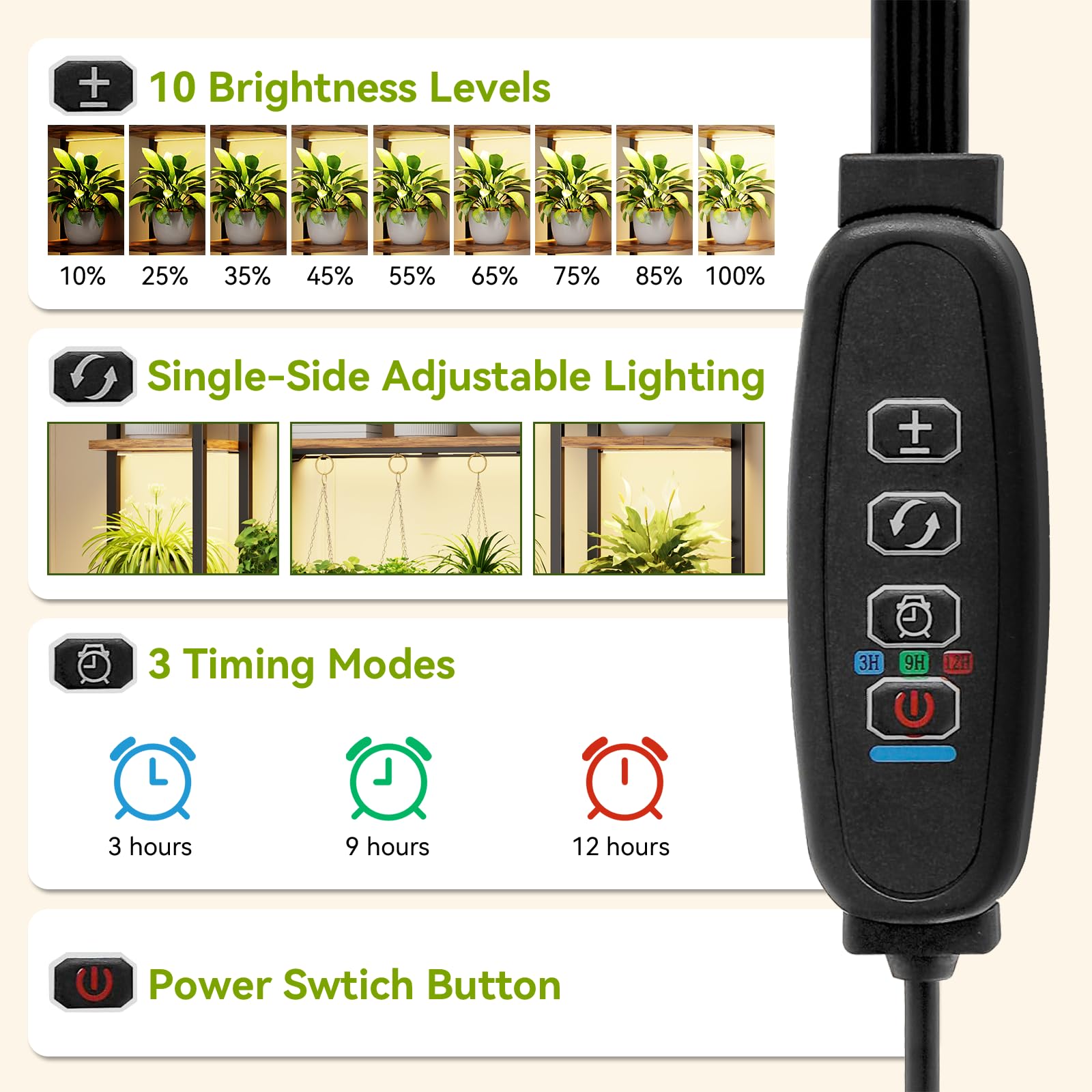Indoor Tiered Metal Plant Stand with Grow Lights and Hooks
