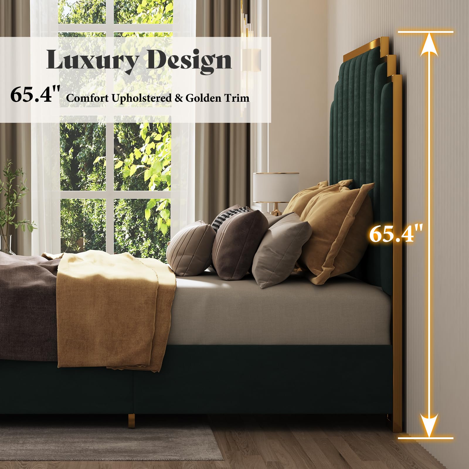 California King Upholstered Bed Frame - Velvet Platform Bed with Gold Trim Headboard