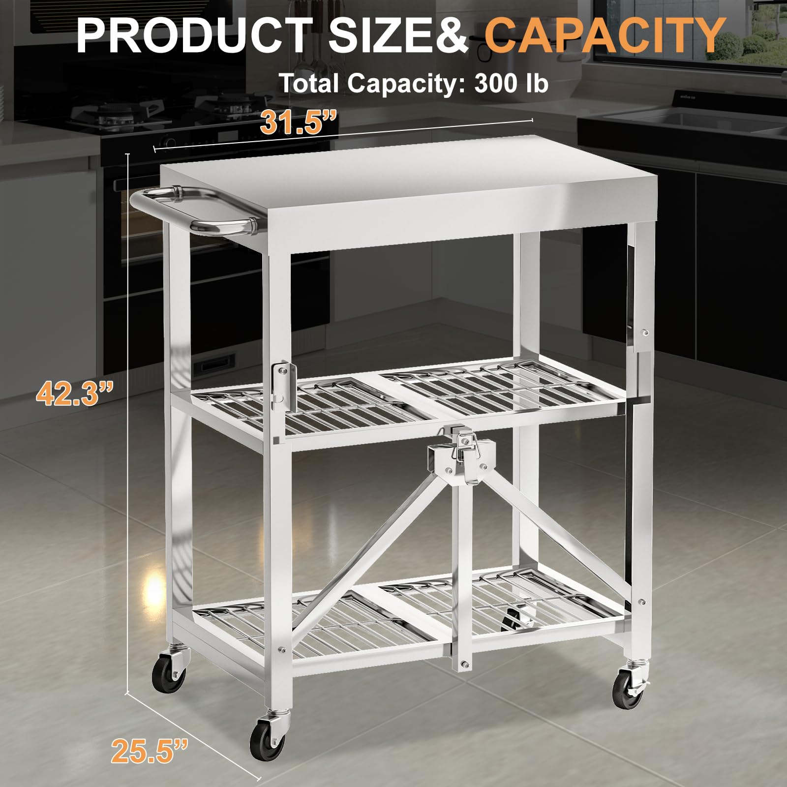 Stainless Steel Foldable Rolling Kitchen Cart with 3-Tier Shelves