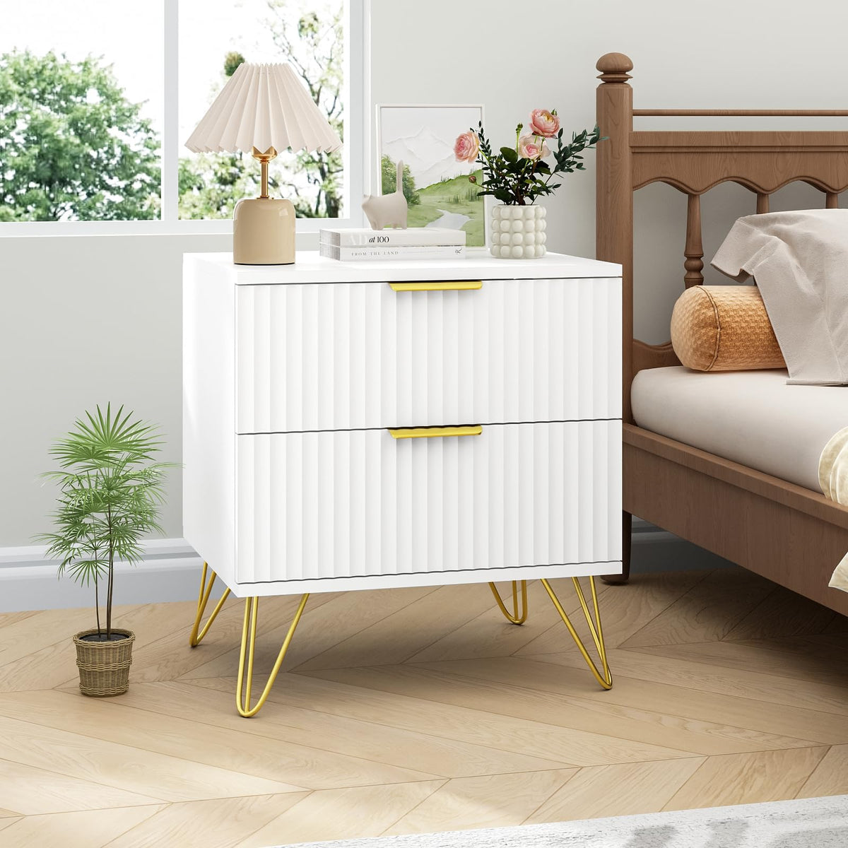 7 Drawer Dresser and Nightstand Set - White with Gold Handles