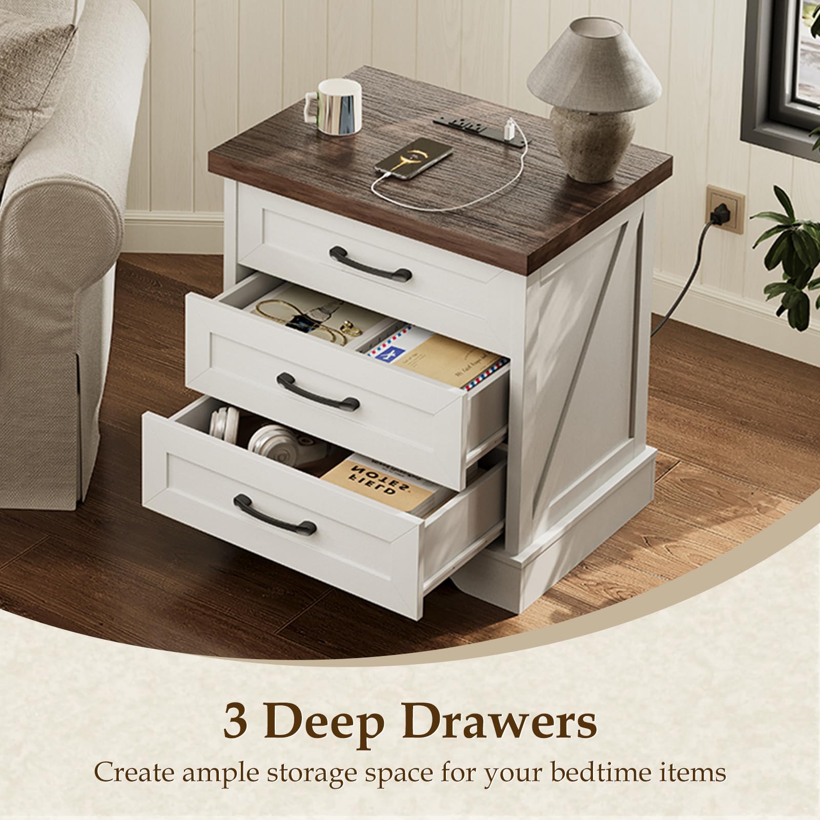 Farmhouse Nightstand with Charging Station and 3 Drawers