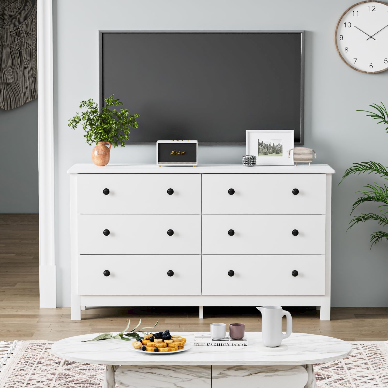White 6 Drawer Dresser with Black Knobs
