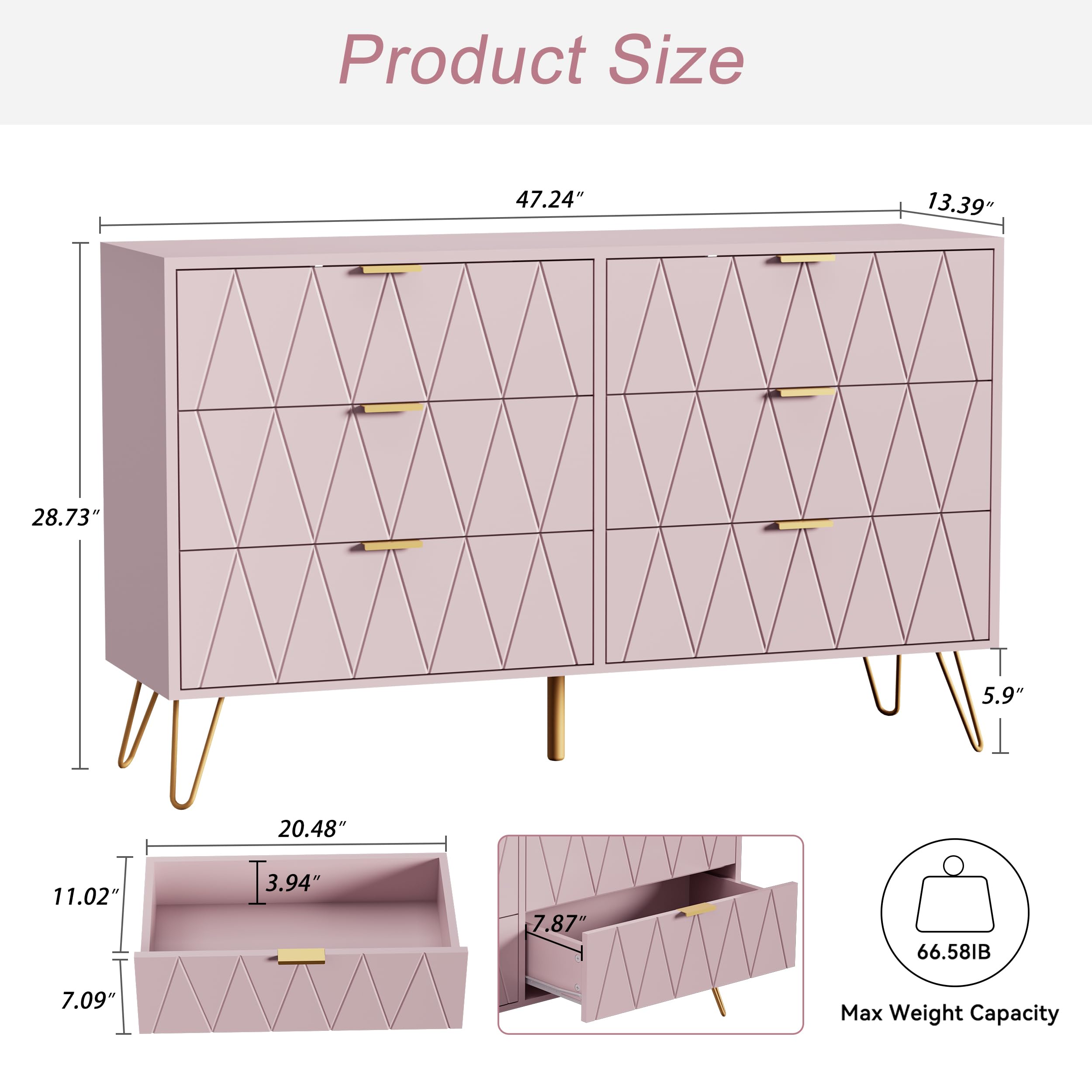 6 Drawer Dresser with Wide Drawers and Metal Handles