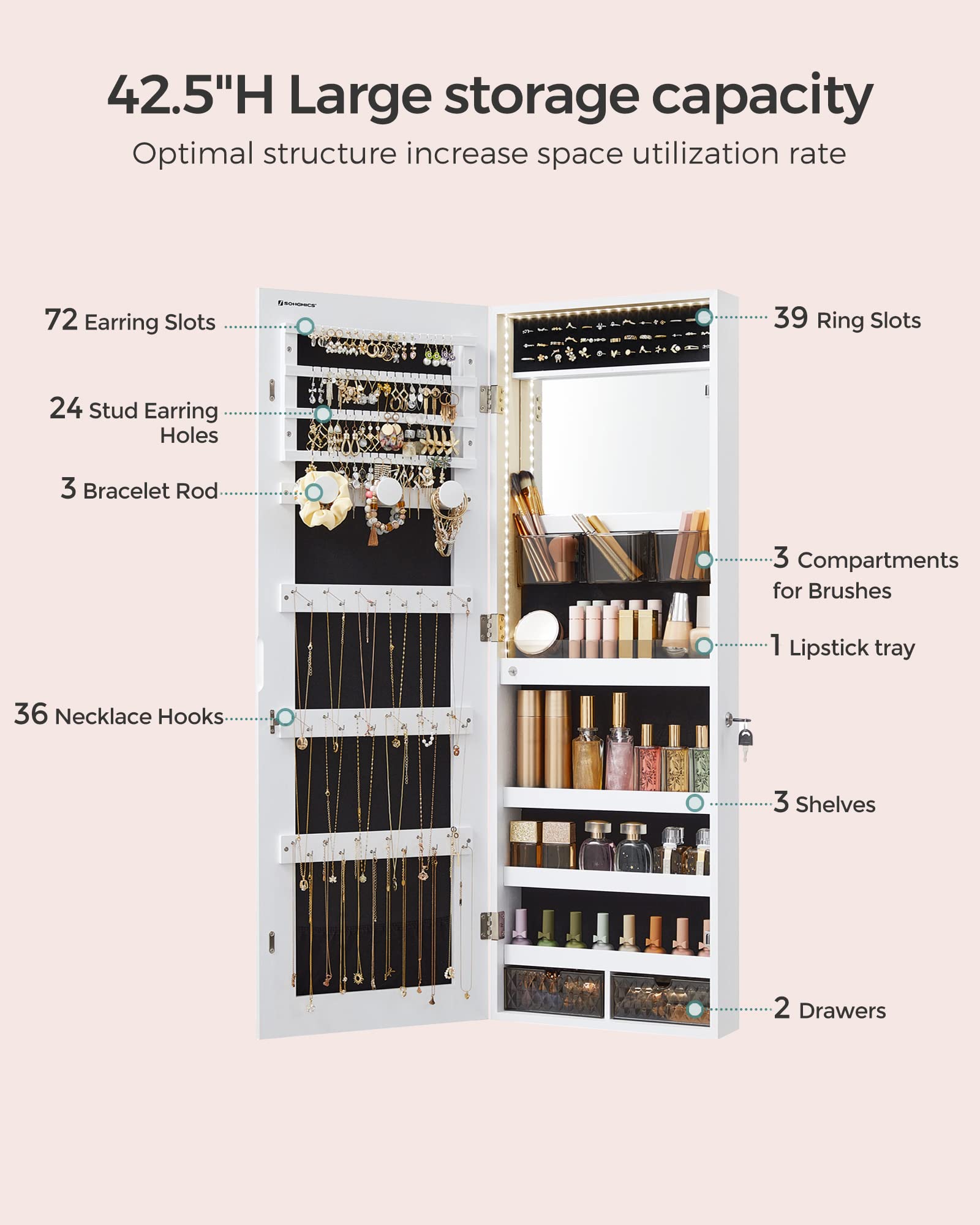 Mirror Jewelry Cabinet Armoire with LED Lighting