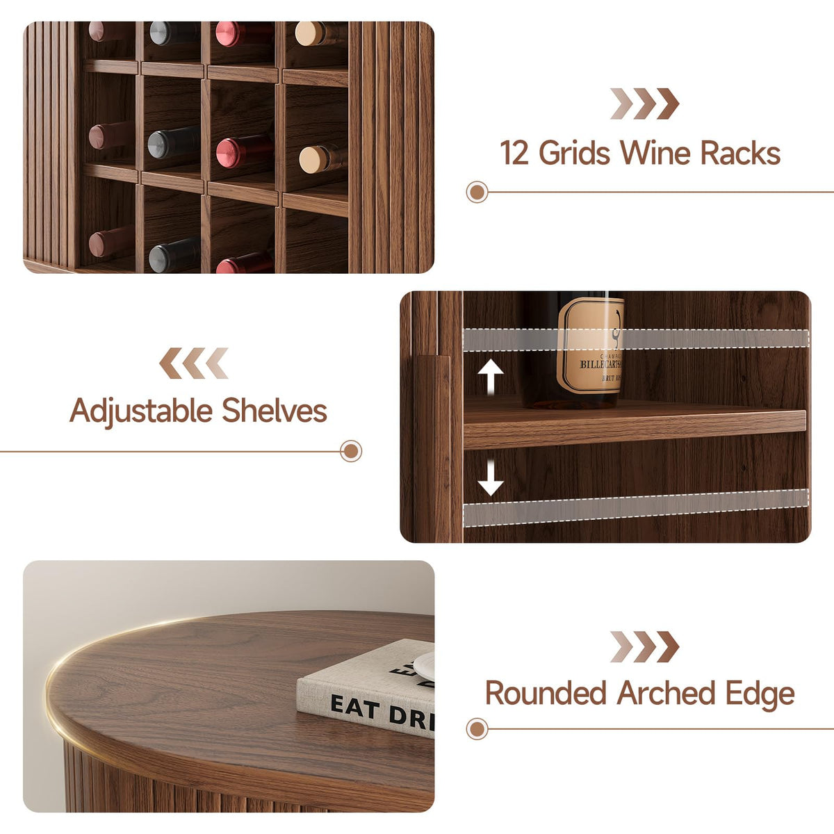55 Inch Fluted Wine Bar Cabinet with LED Light and Charging Station