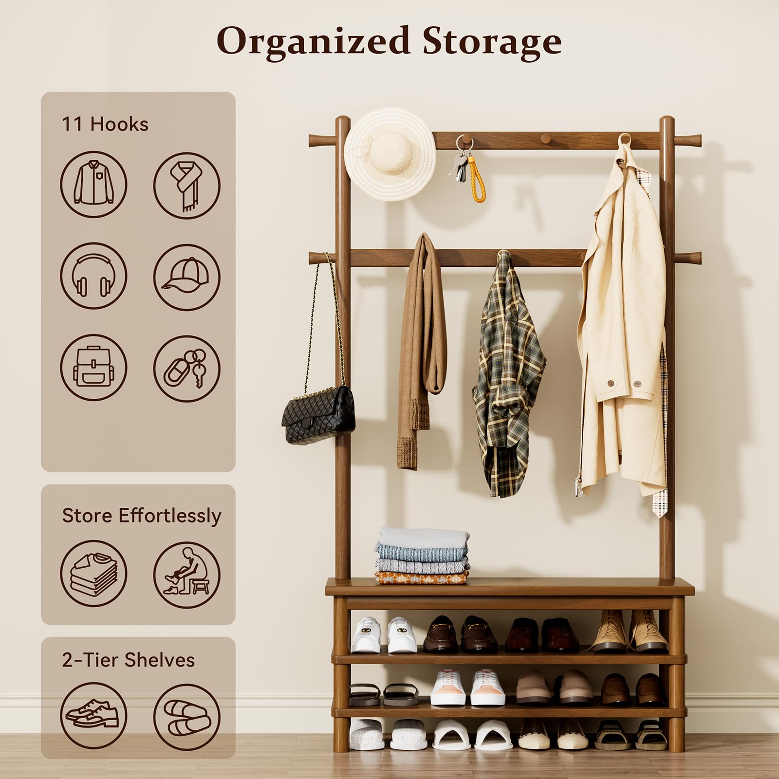 3-in-1 Hall Tree with Shoe Storage Bench