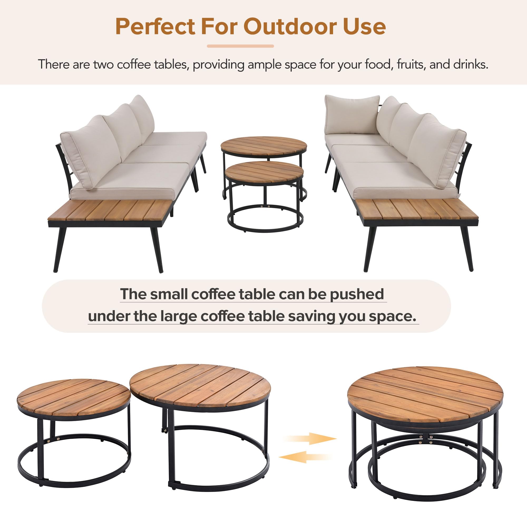 6-Piece Outdoor Sectional Sofa Set with Nesting Coffee Tables
