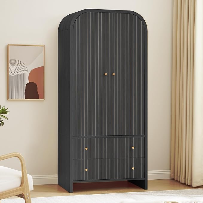 Arched Armoire Wardrobe Closet with Hanging Rod and 2 Drawers