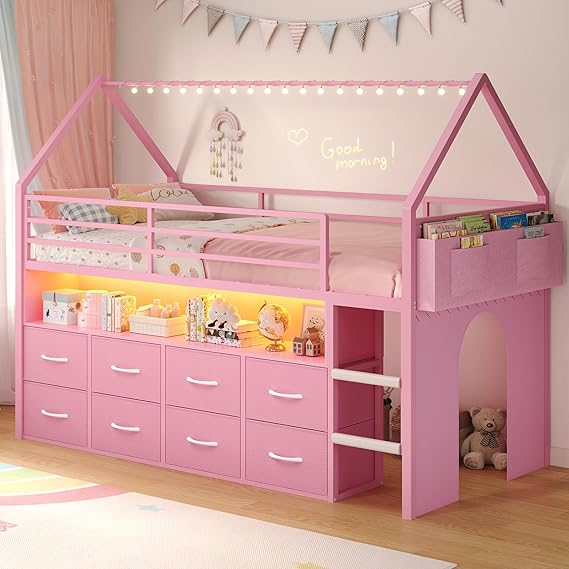 Twin Loft Bed with Storage Drawers and LED Lights