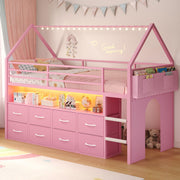 Twin Loft Bed with Storage Drawers and LED Lights