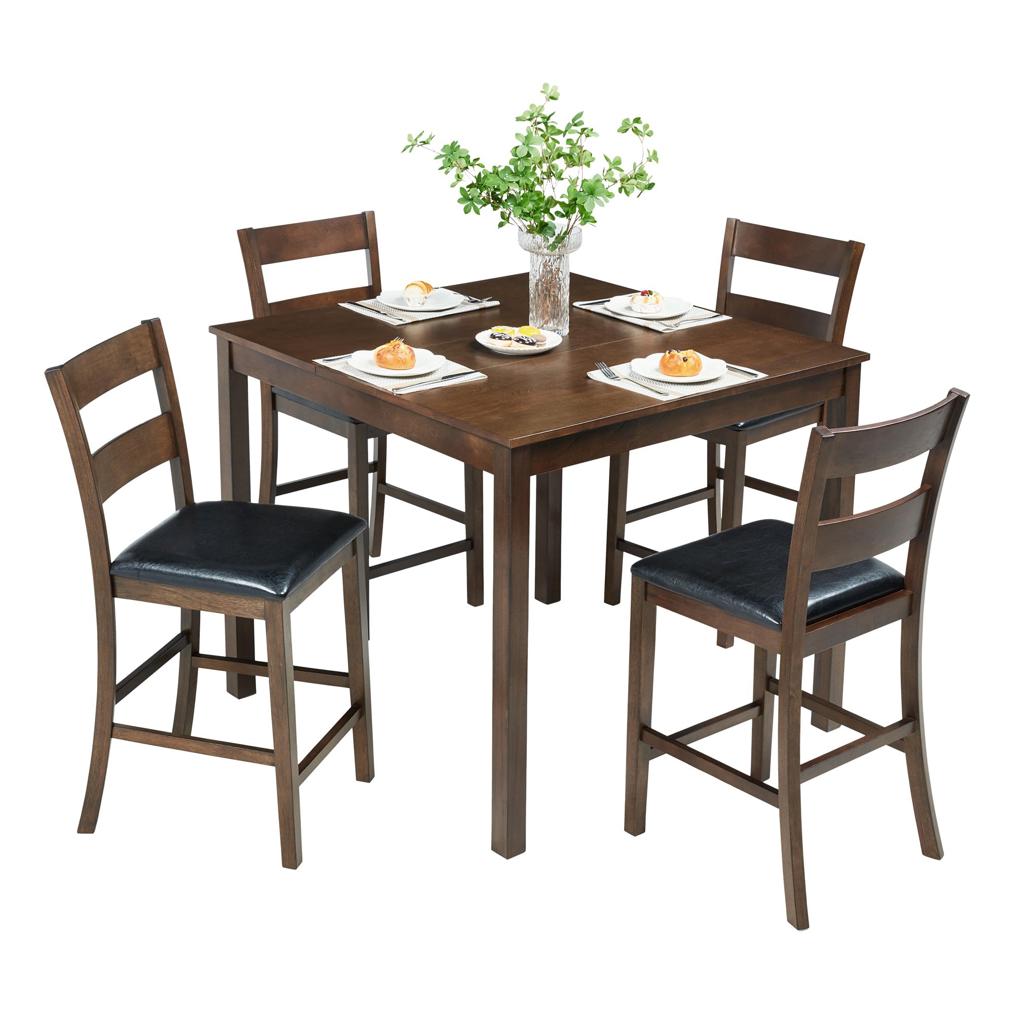 5-Piece Solid Wood Dining Table Set with Cushioned Chairs