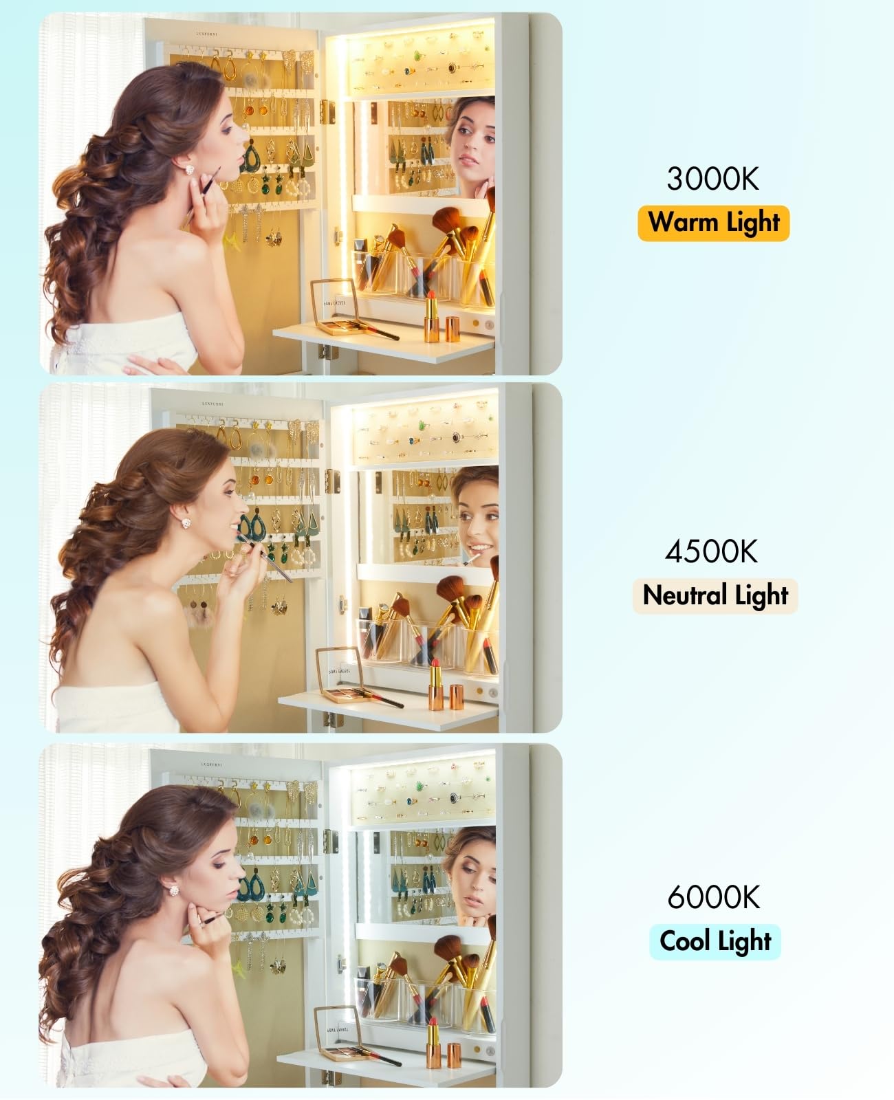 Wall Mounted Mirror Jewelry Cabinet with LED Lights