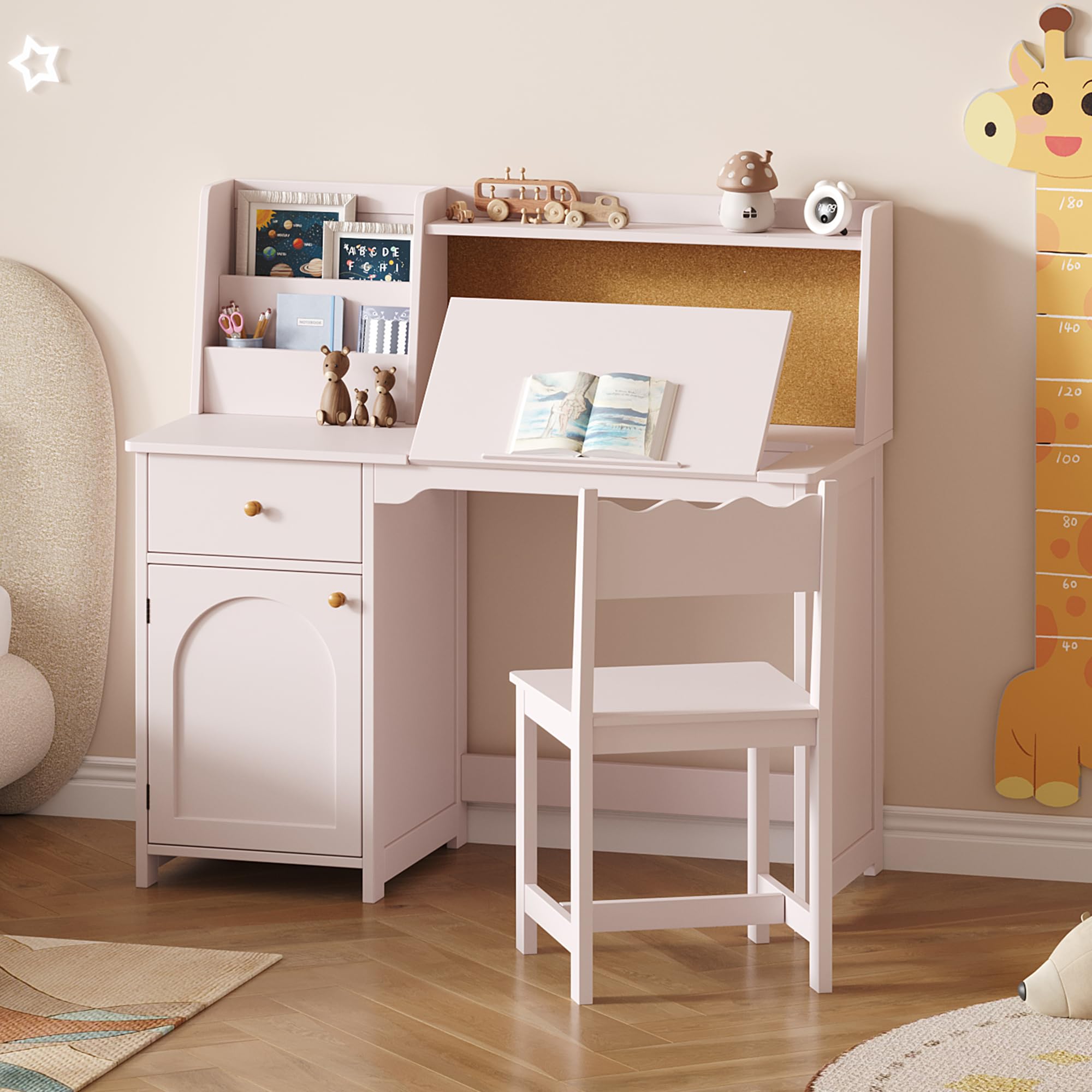 Kids Study Desk and Chair Set with Tiltable Desktop and Hutch