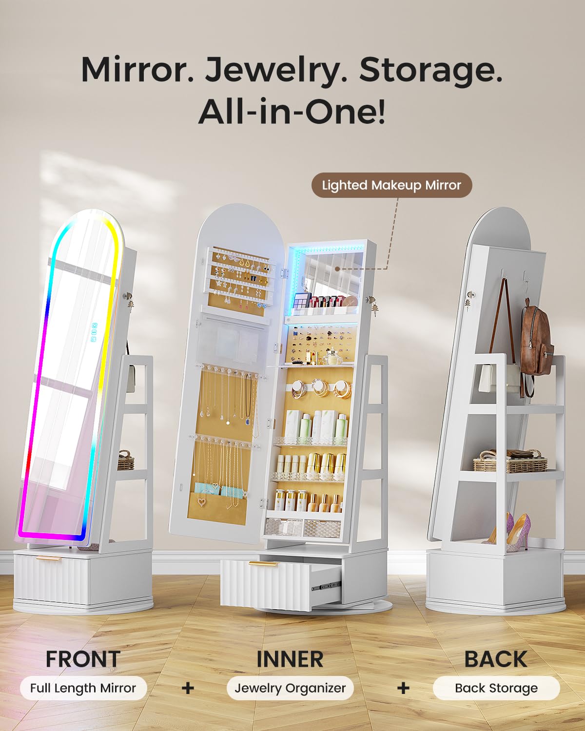 Arched Jewelry Cabinet with RGB Full-Length Mirror