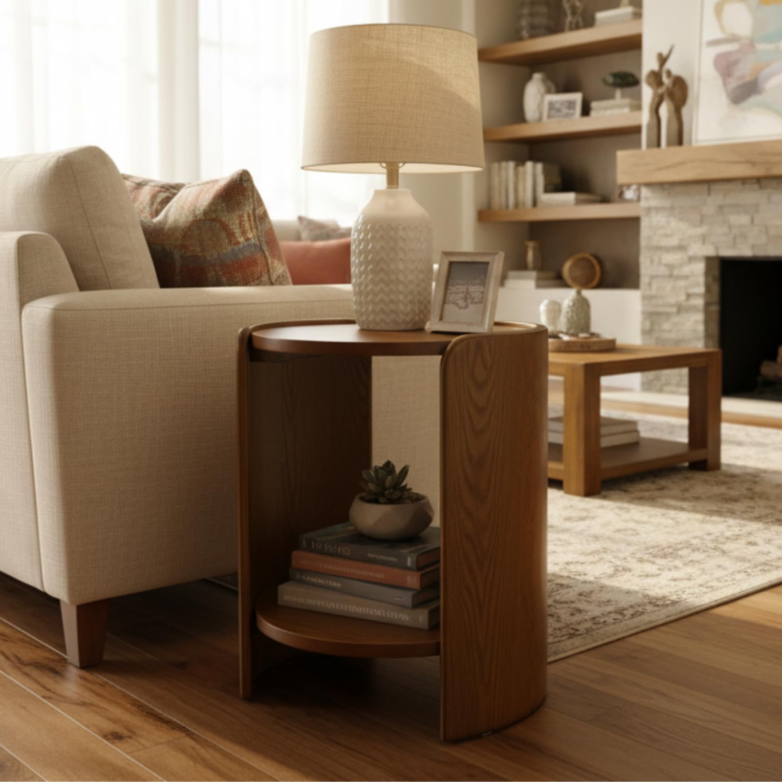 DUOMAY Wood Side Table, 15.5" Wide Round End Table with Storage Shelf Mid Century Modern Bedside Table for Living Room Apartment, Walnut Color