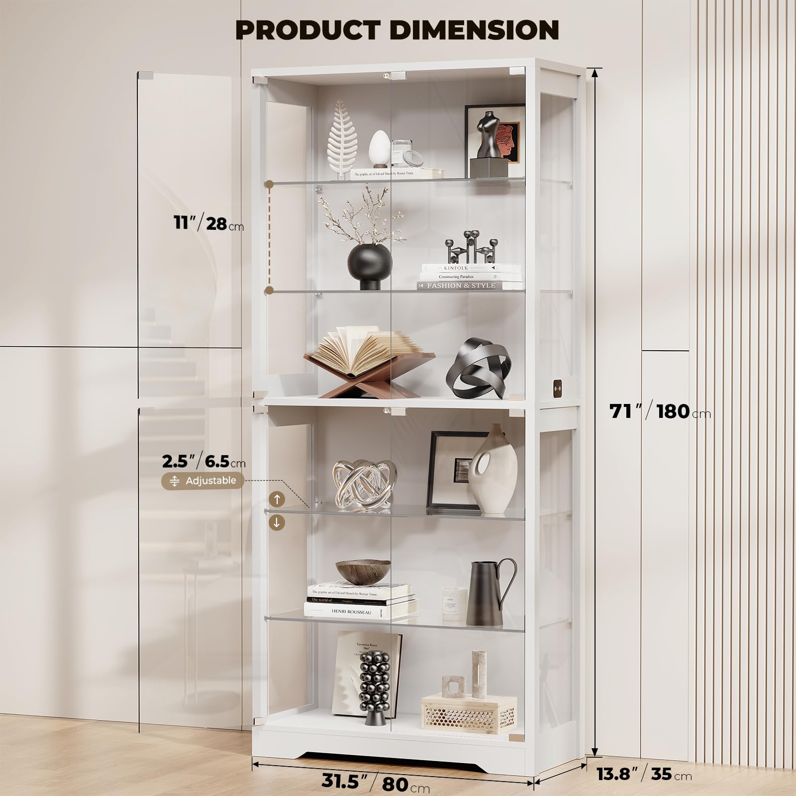 6-Tier 71" Display Cabinet with Glass Door and LED Lights