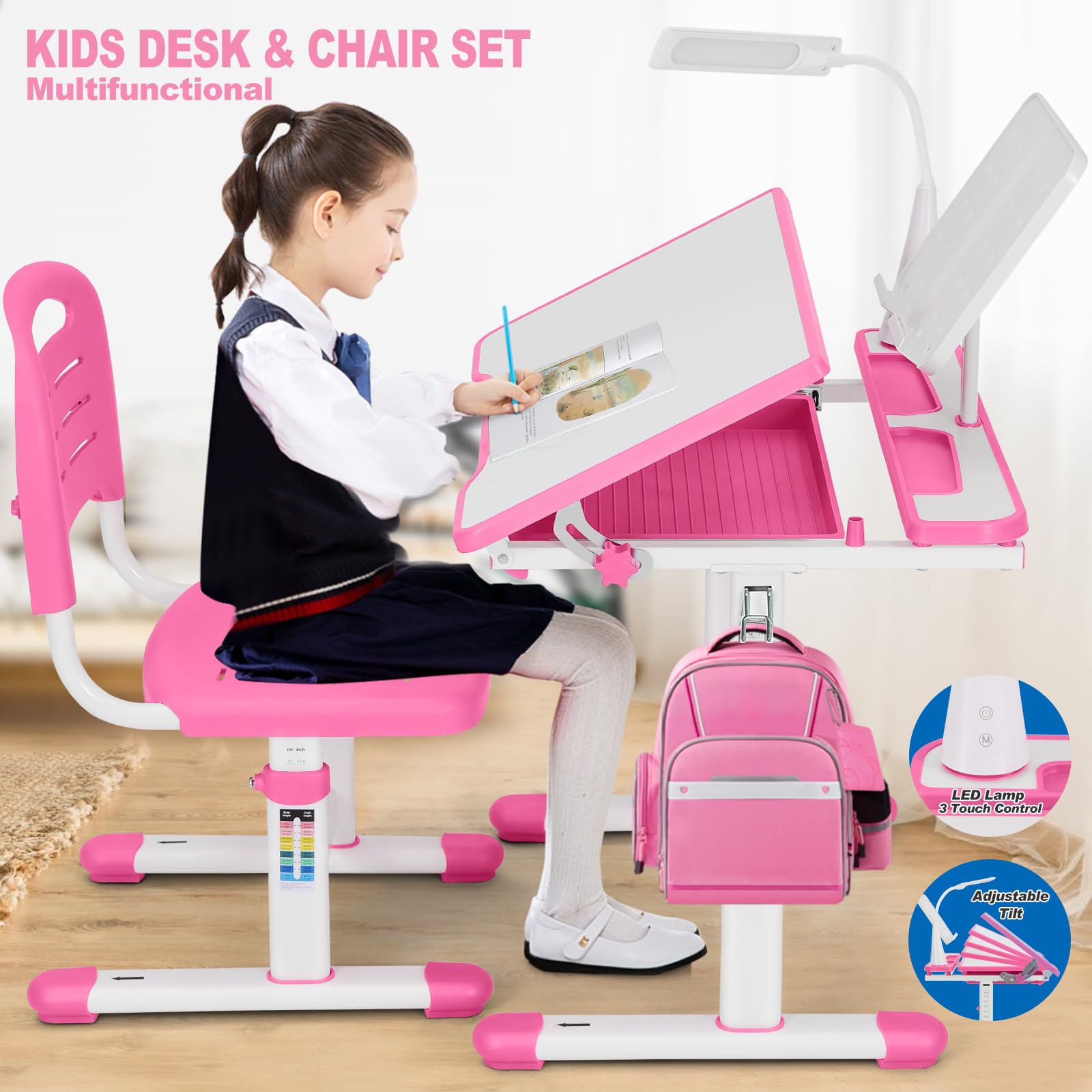 Adjustable Kids Study Desk and Chair Set with LED Lamp