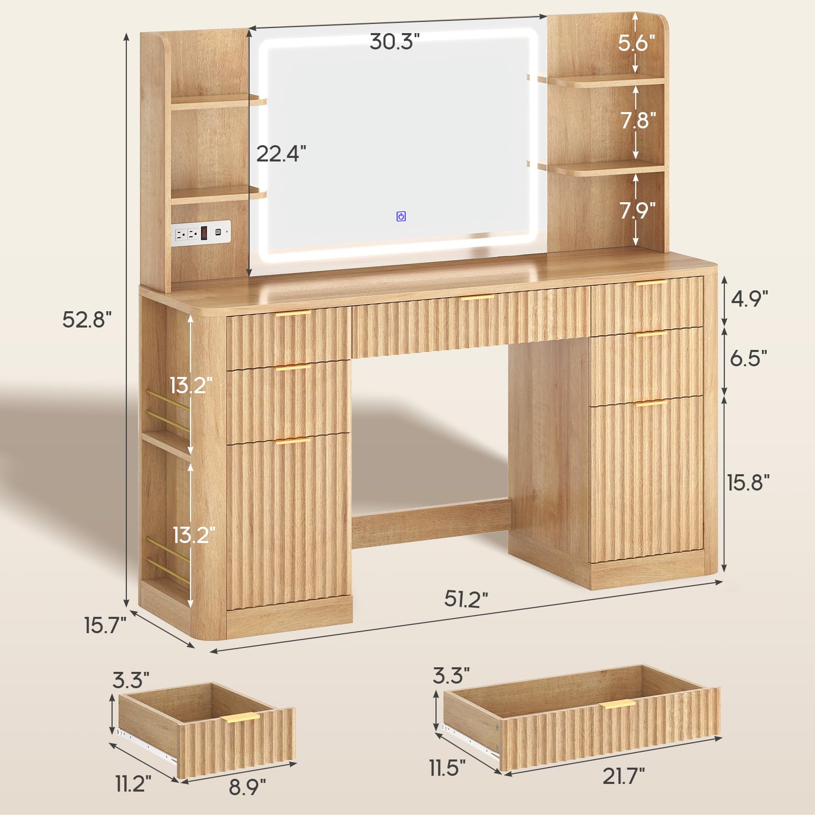 51.2" Fluted Makeup Vanity Desk with Mirror and Lights