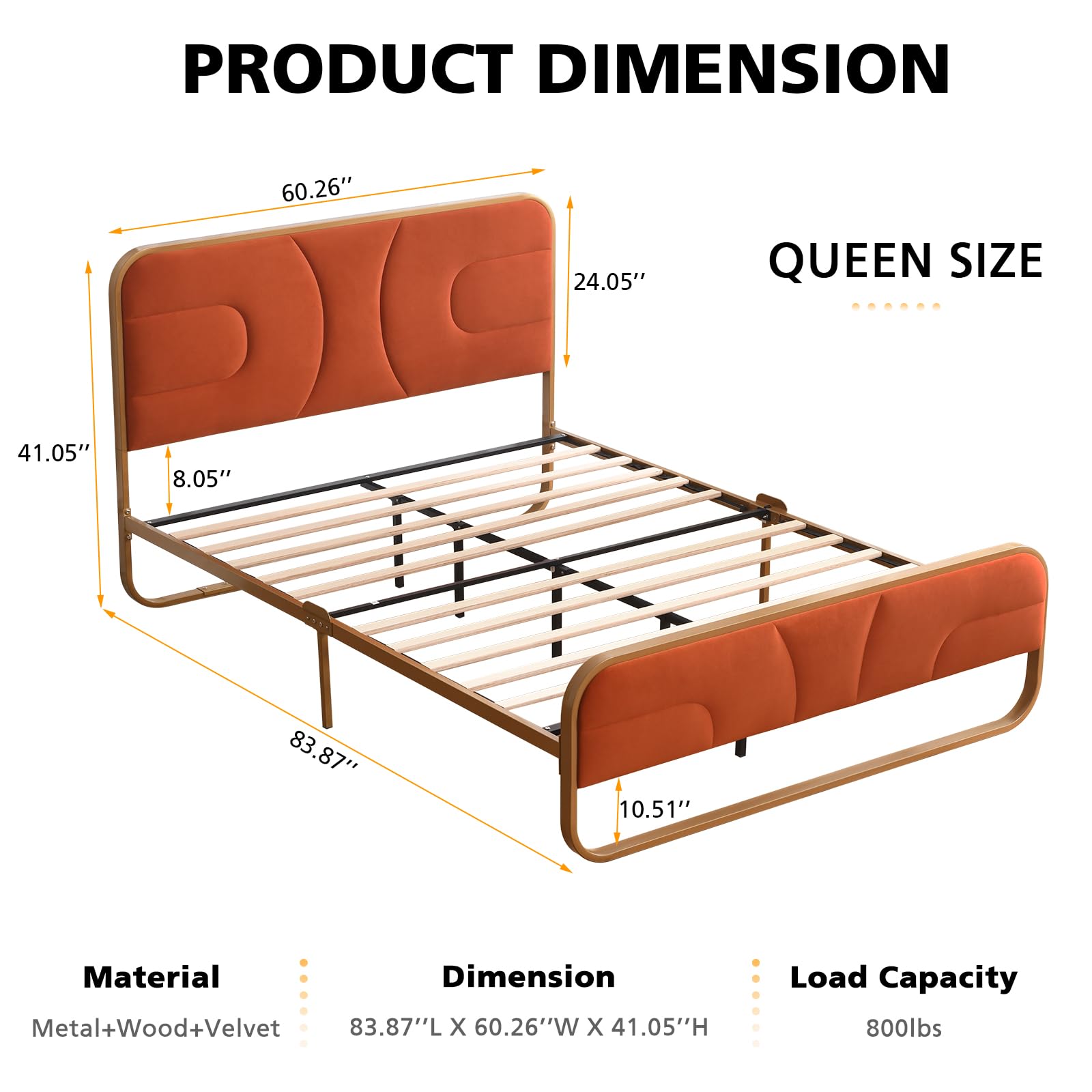 Full Size Velvet Upholstered Platform Bed with Rounded Metal Frame