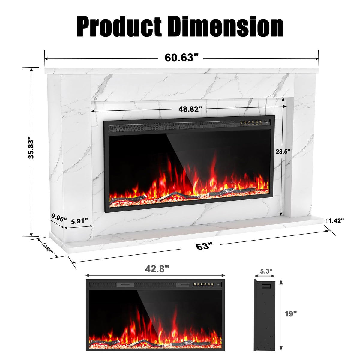 60 Inch Electric Fireplace with Mantel and Heater