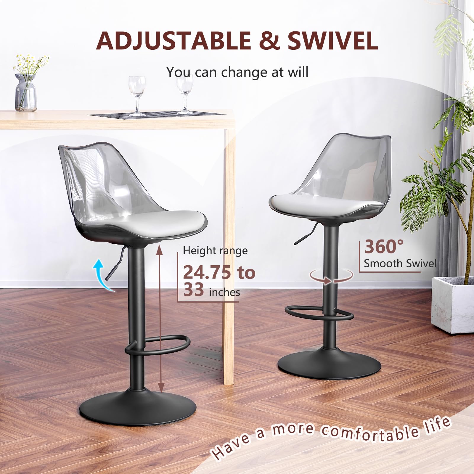 LOVSPATIO Clear Bar Stools Set of 2, Counter Height Adjustable Swivel Acrylic Bar Stools with PU Leather Upholstered, Armless Bar Stools for Kitchen Island - Grey/Black