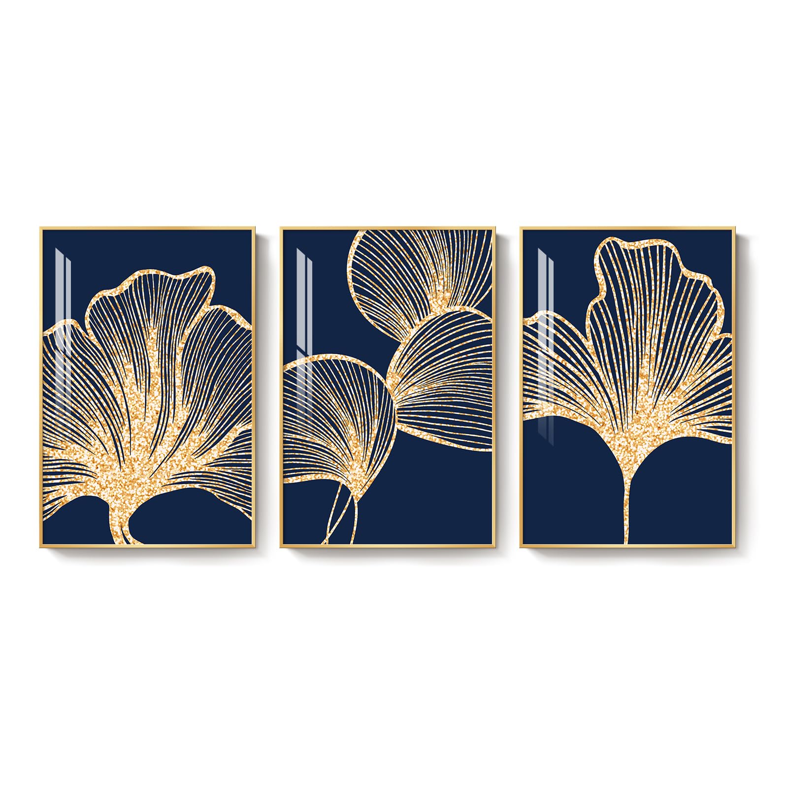 Navy Blue Gold Ginkgo Leaf Wall Art Set 3 Piece 24x36