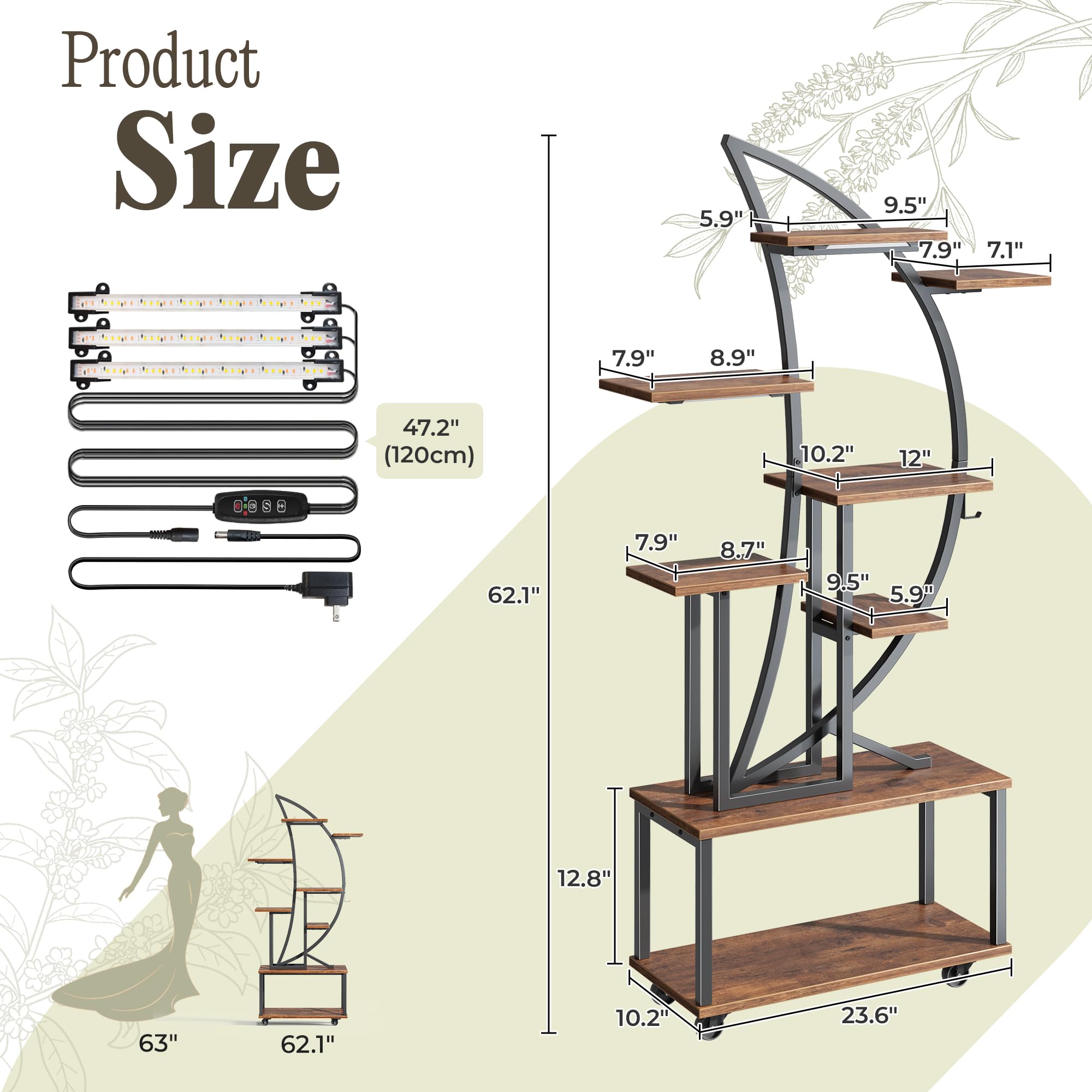 62 Inch 8-Tier Plant Stand with Full Spectrum LED Grow Lights