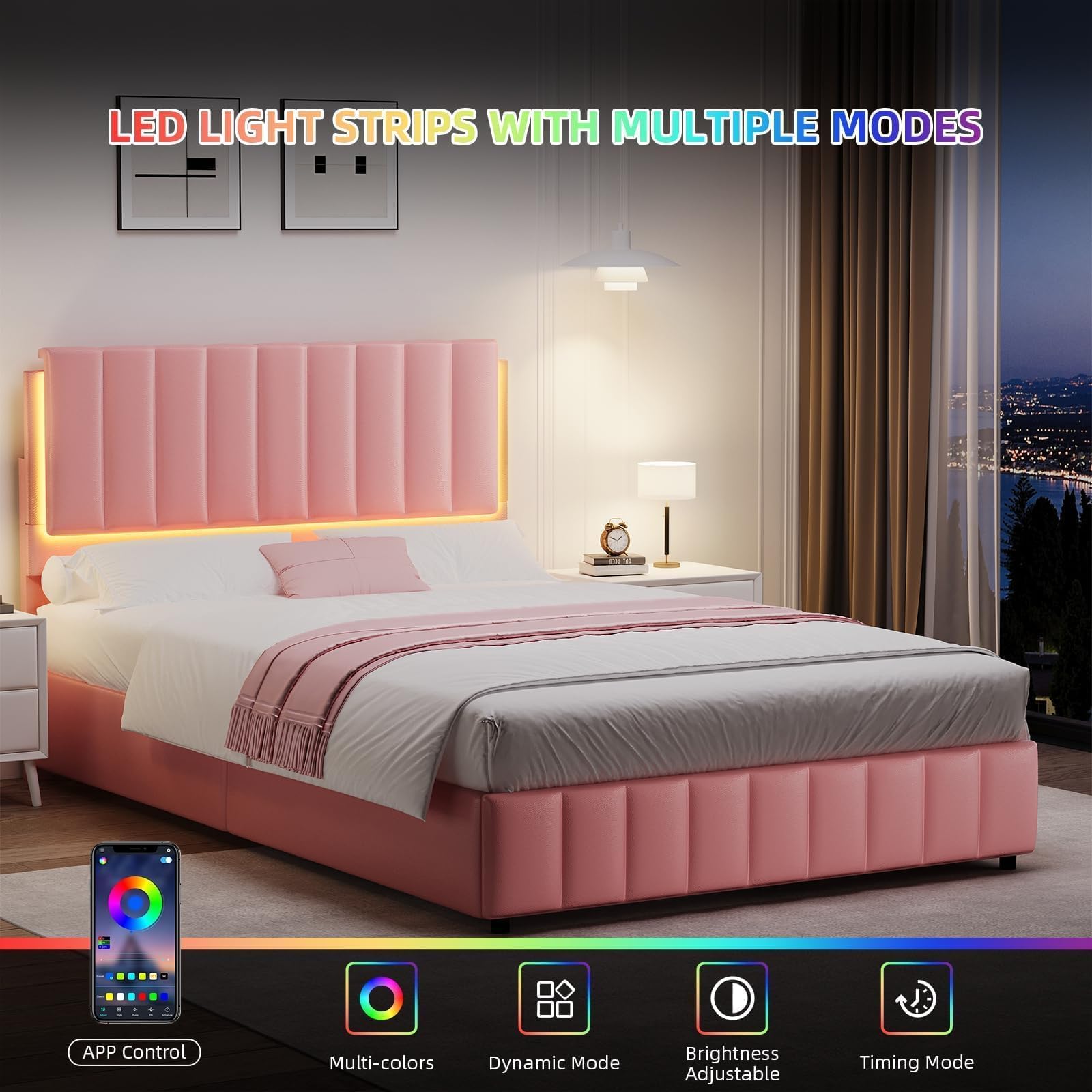 Pink Queen LED Bed Frame with Upholstered Headboard