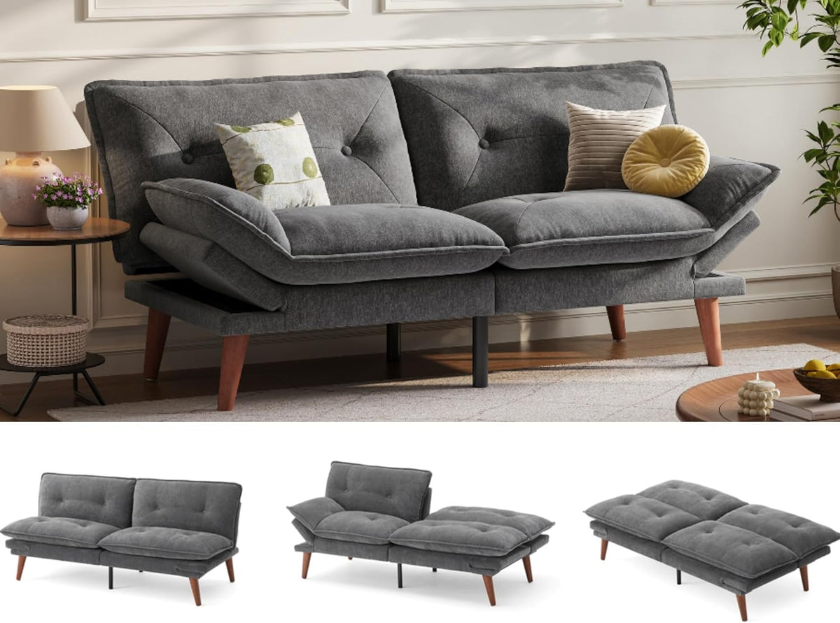 70" Convertible Futon Sofa Bed with Adjustable Backrest and Armrests
