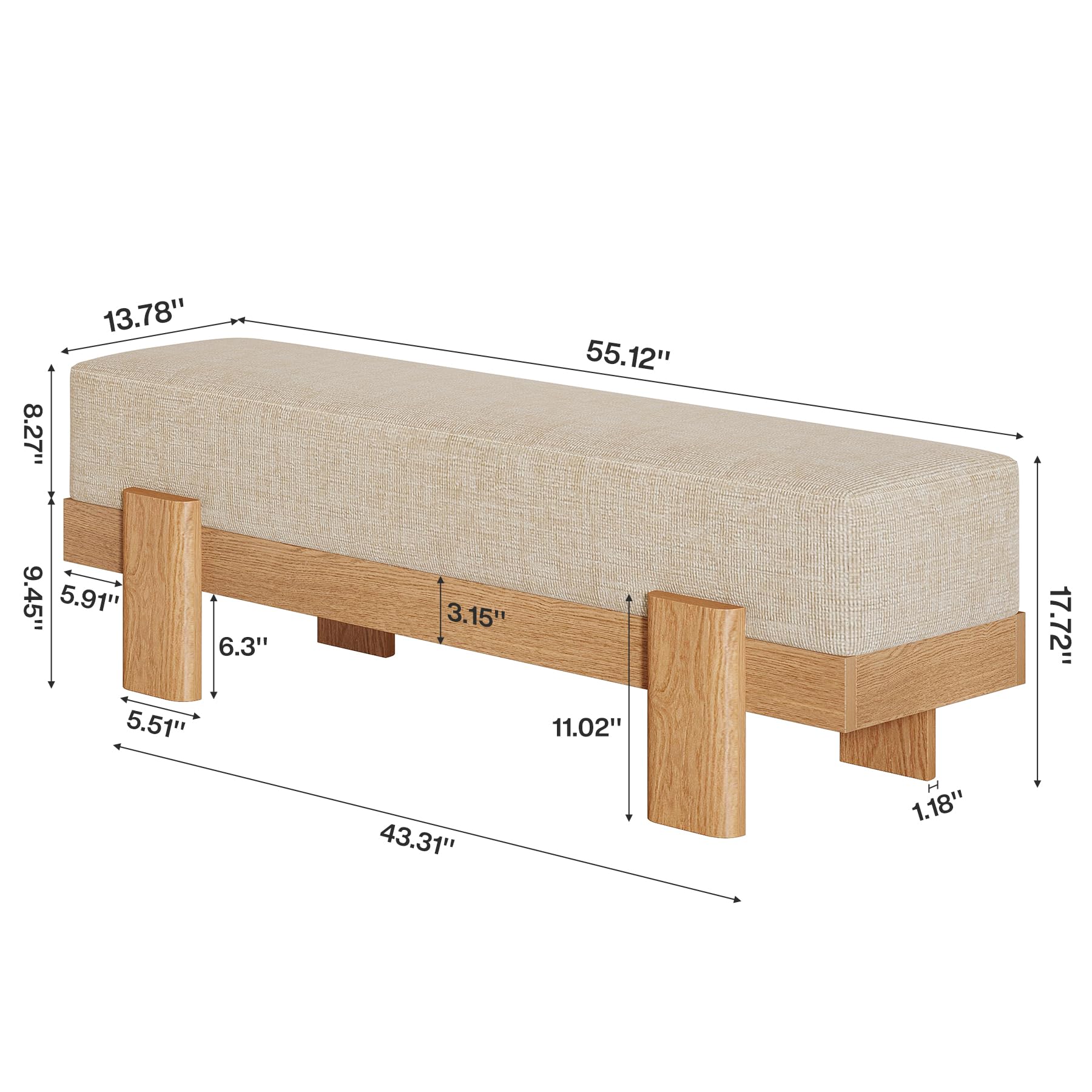 55-Inch Upholstered Dining Bench with Fabric Padded Seat