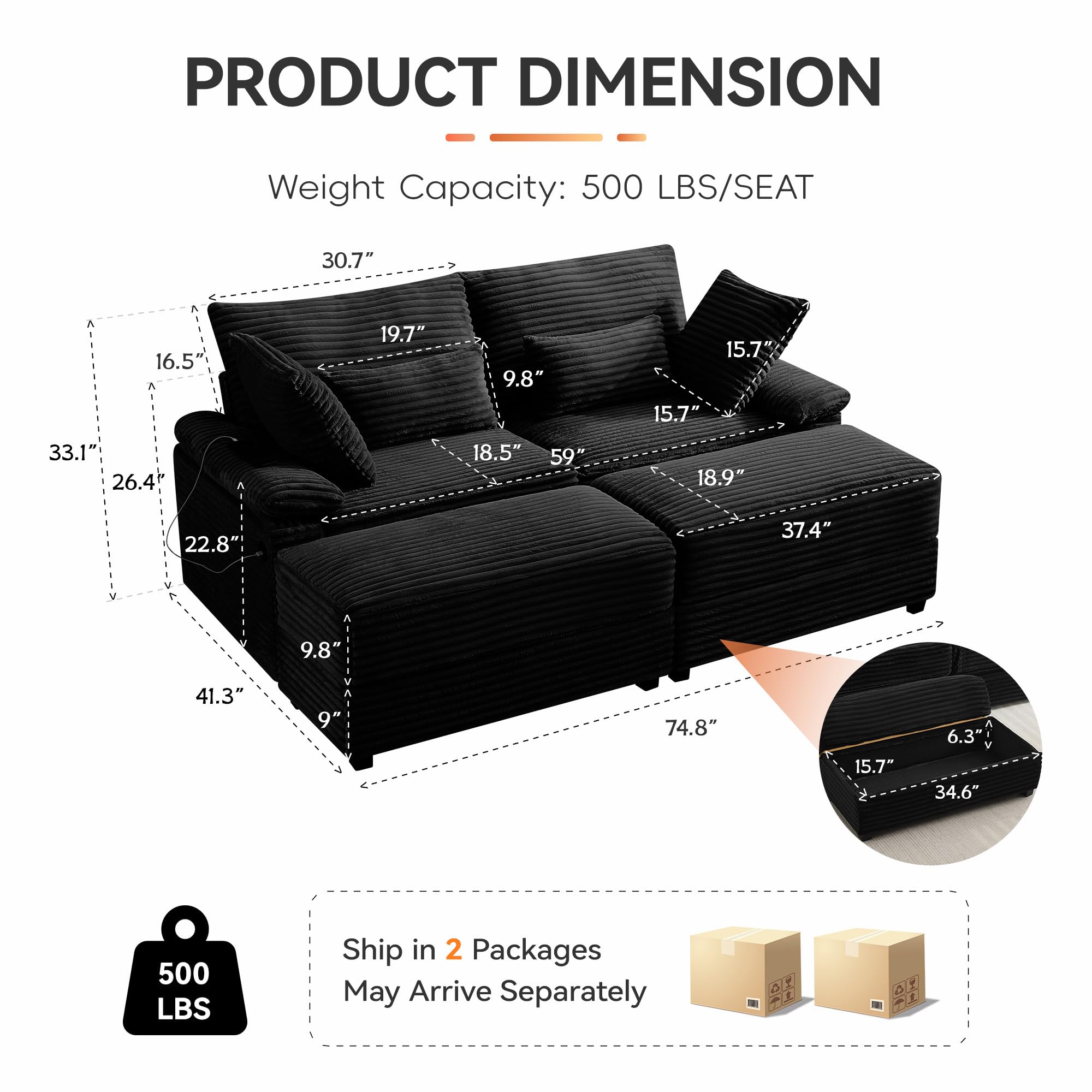 75" Corduroy Loveseat with Storage Ottoman & USB, Cloud Deep Seat Couch with Convertible Ottoman Coffee Table, Double Chaise Lounge for Living Room, Corduroy Black