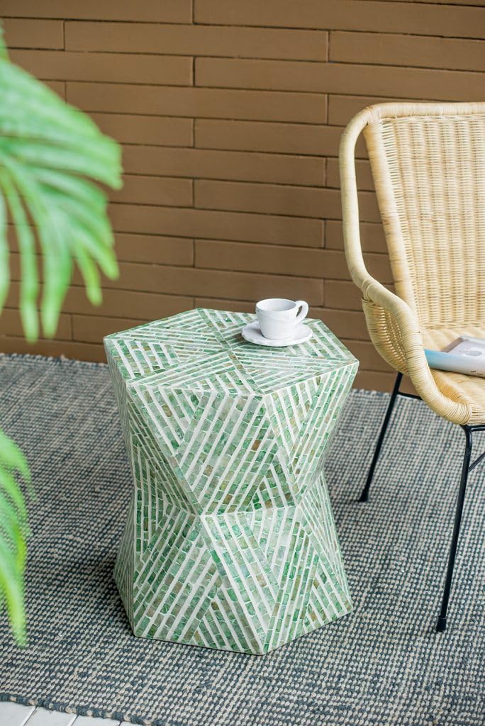Green Geometric Accent Stool with Capiz Inlays