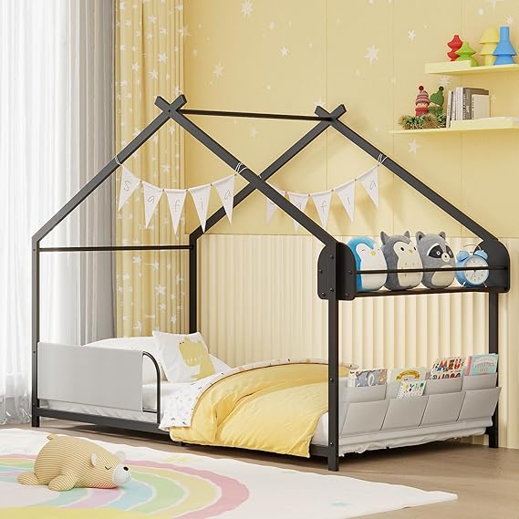 House Shape Twin Montessori Bed with Storage Rack