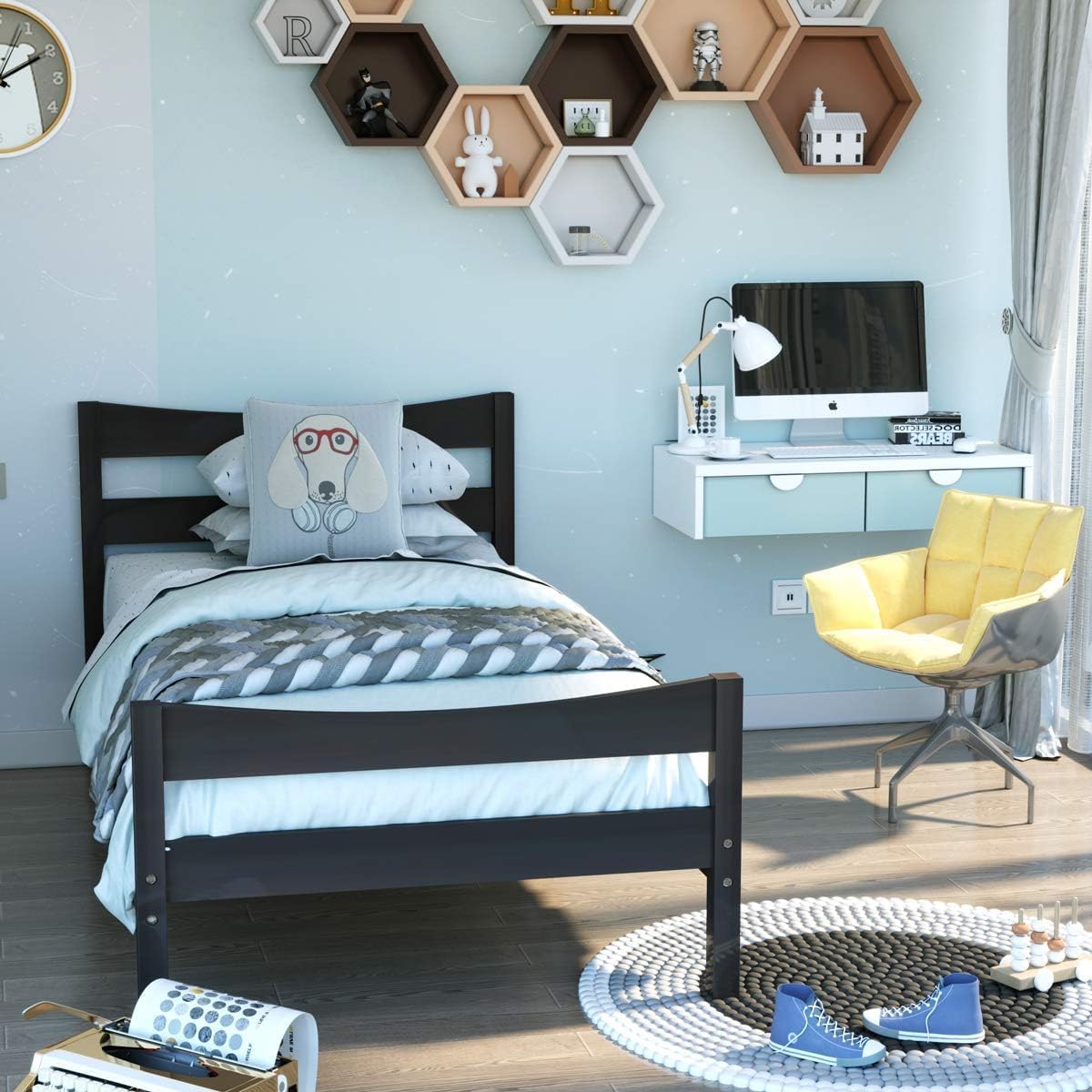 Twin Platform Bed with Headboard and Storage Space
