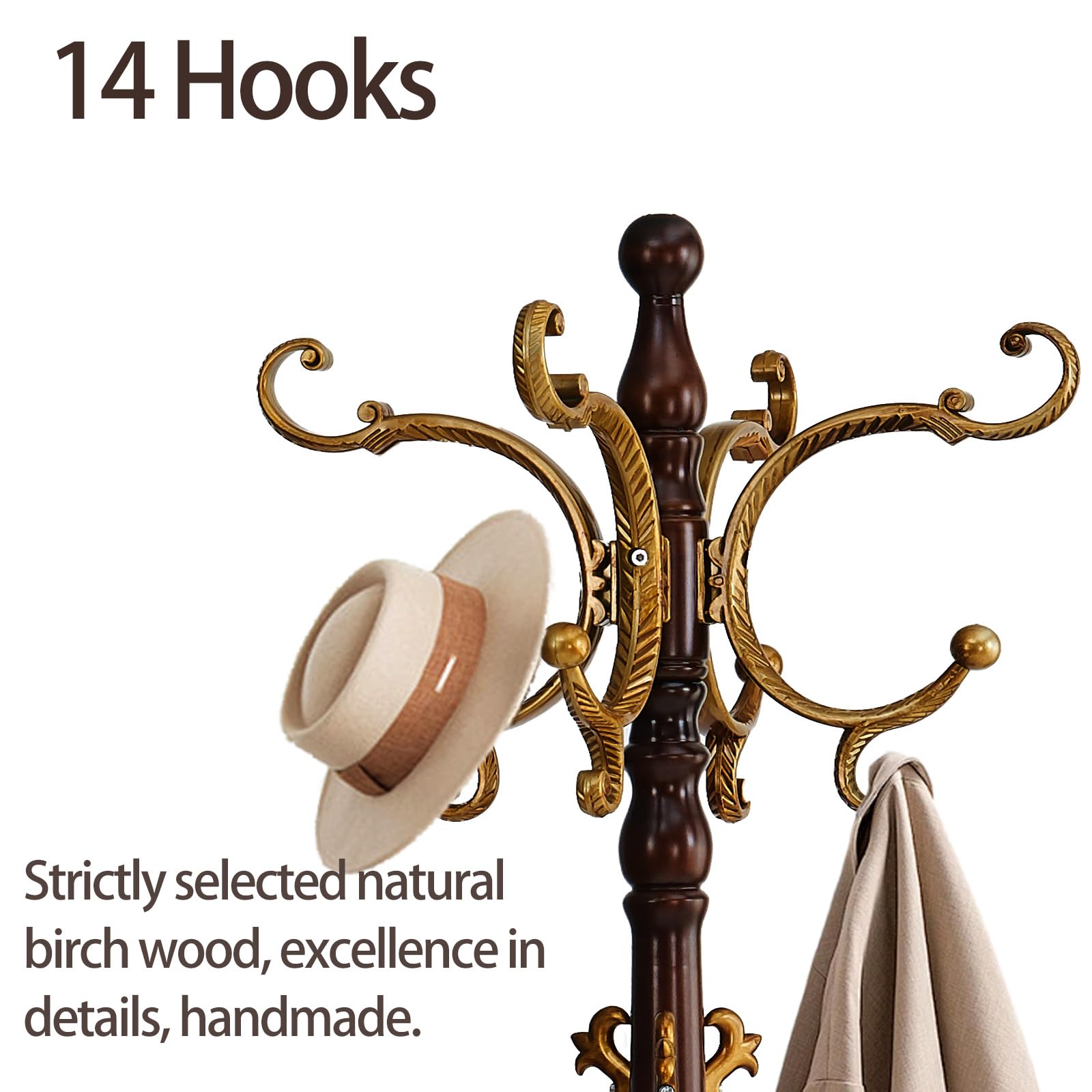 Wooden Coat Rack Stand with 14 Hooks