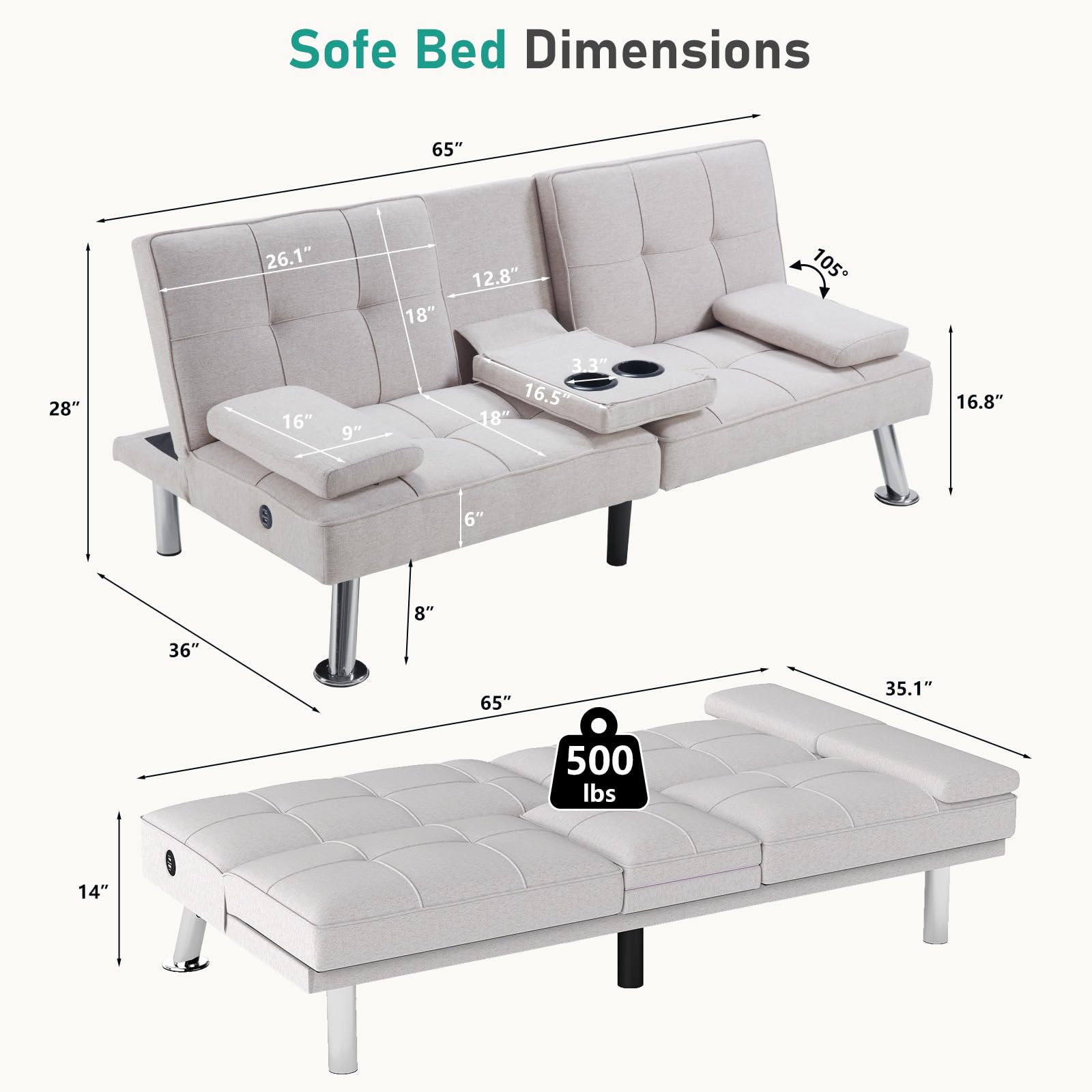 Convertible Futon Sofa Bed with USB Charging Port