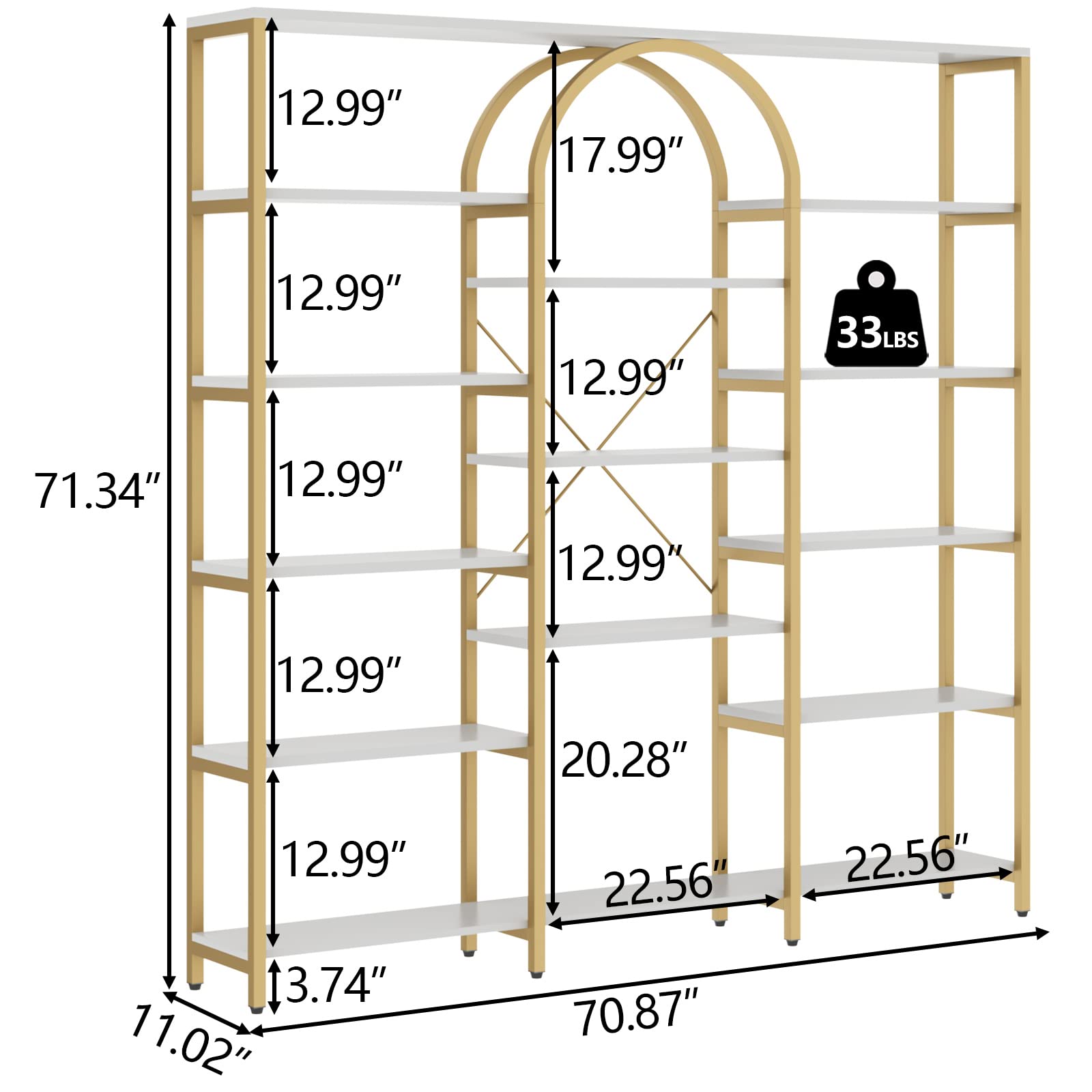 Triple Wide Gold Bookshelf 70.87" x 71.34"