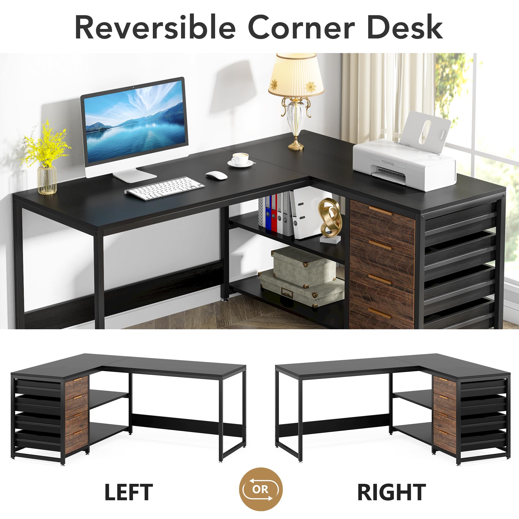 L-Shaped Computer Desk with Storage Drawers 59 Inch