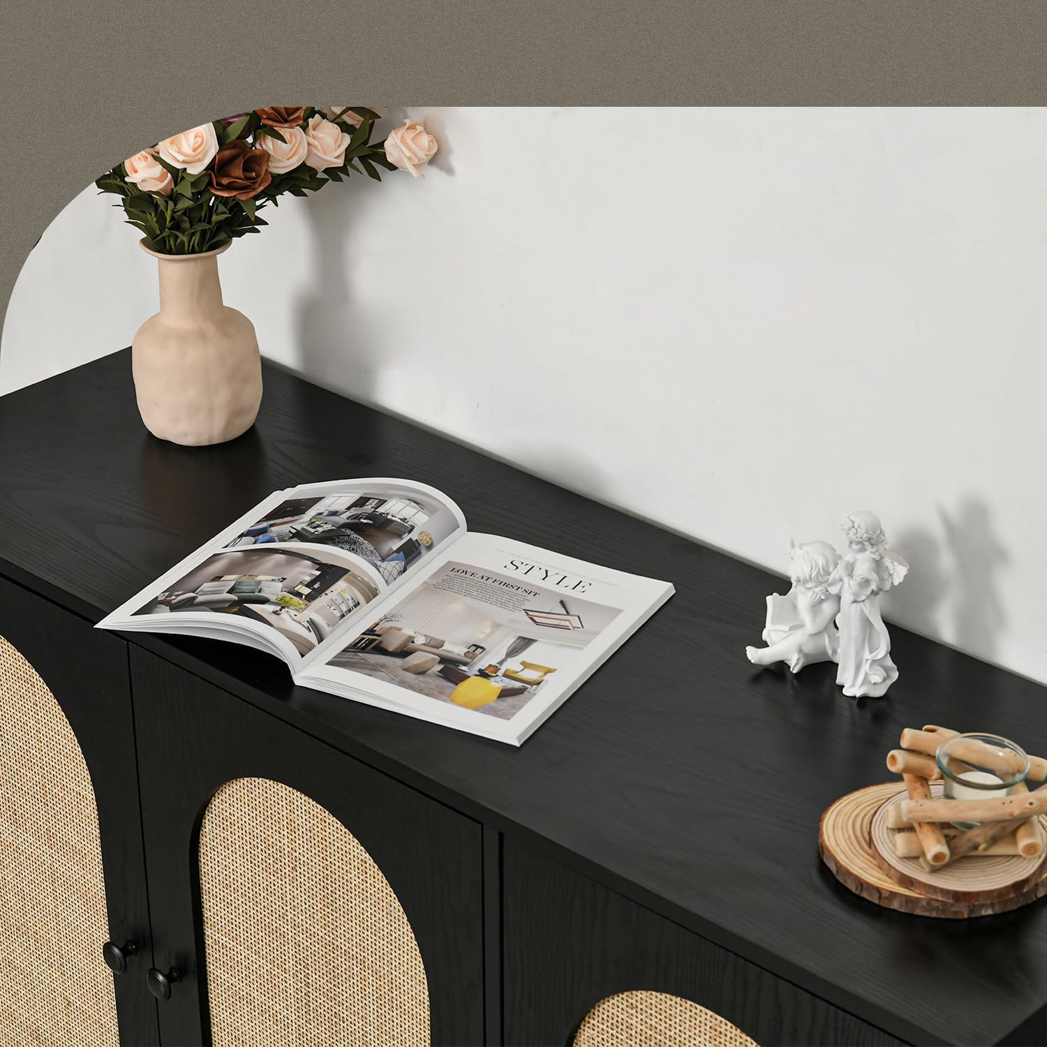 Black Rattan Buffet Cabinet with Adjustable Shelves
