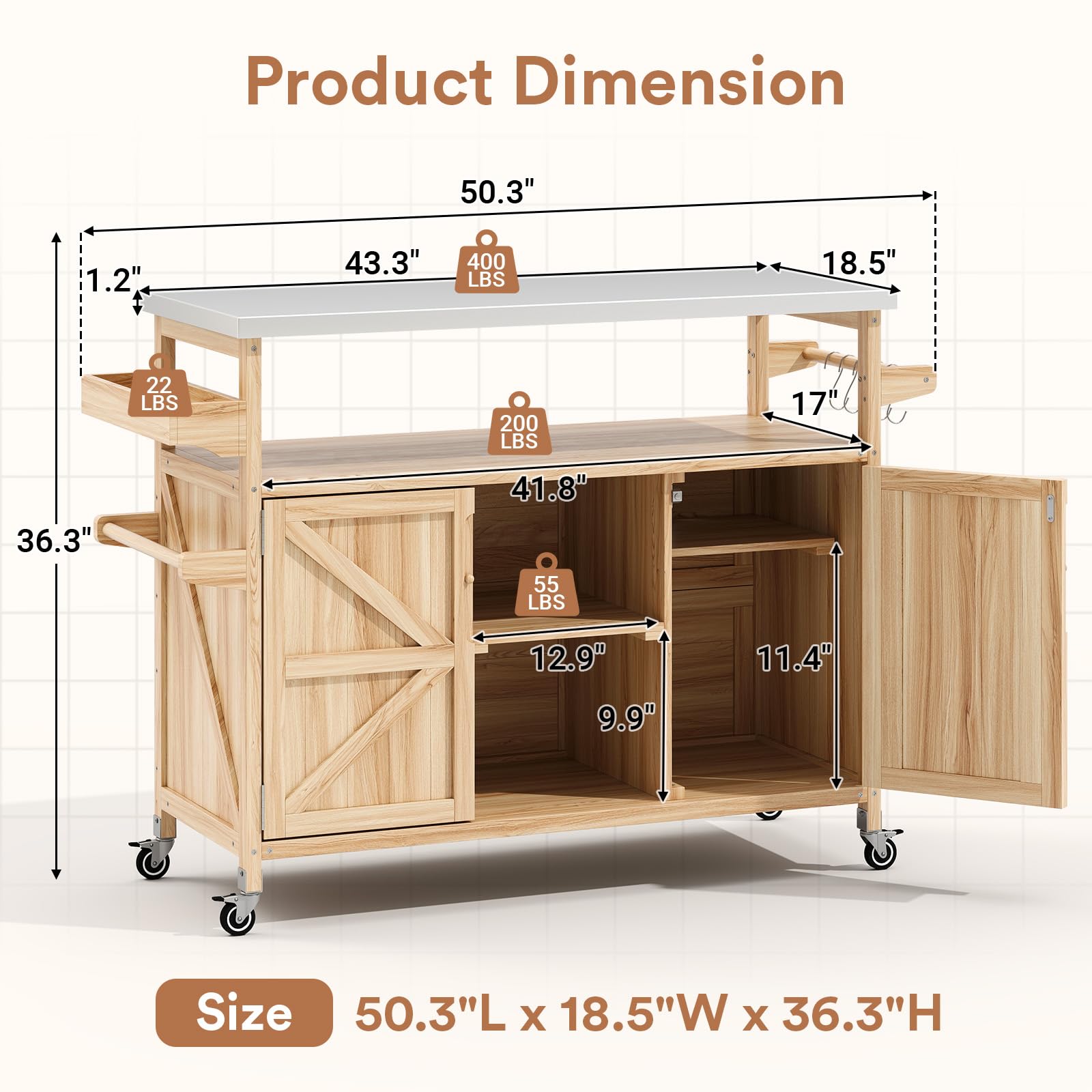 Outdoor Grill Cart with Storage and Stainless Steel Top