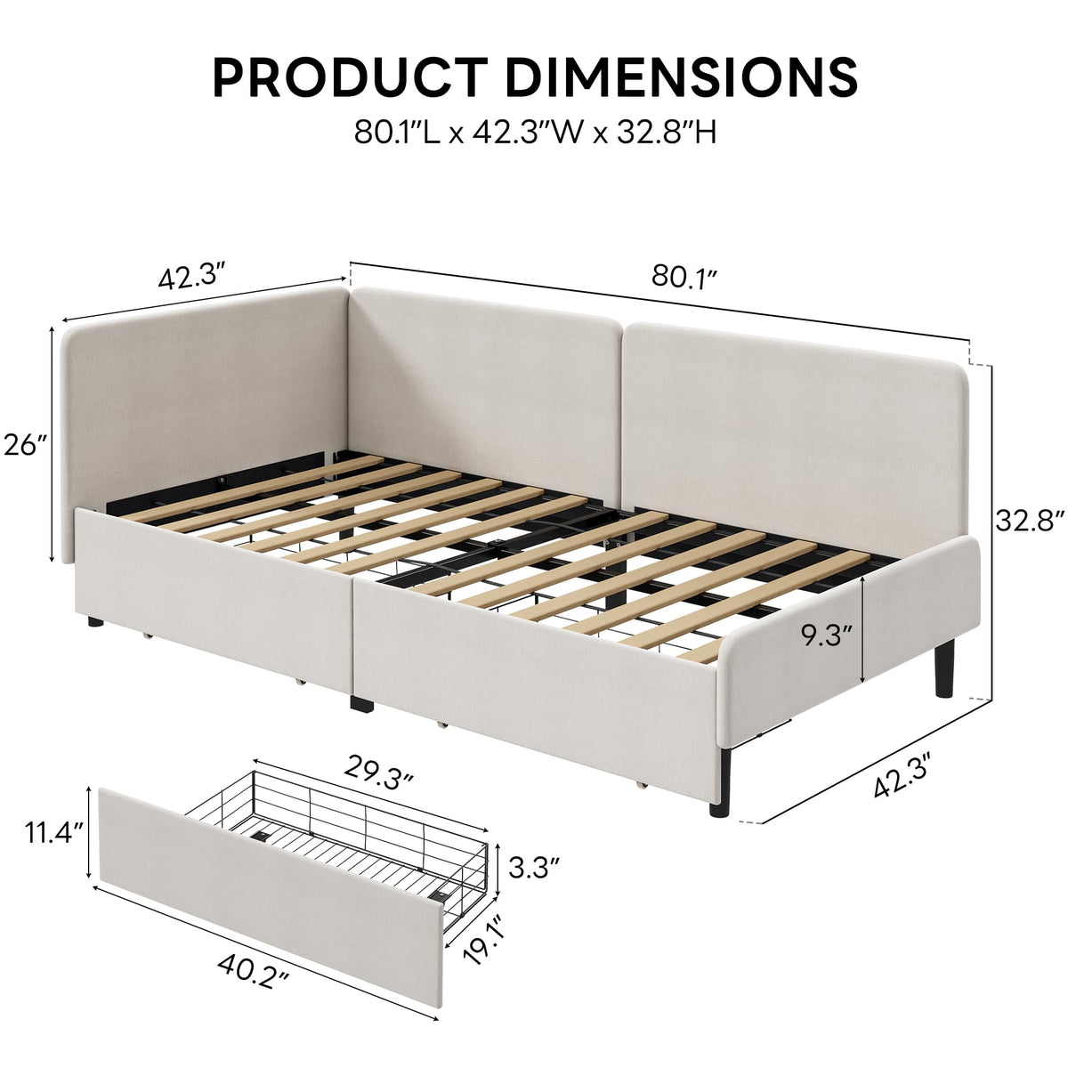 Twin Daybed with Storage Drawers and Safety Rails