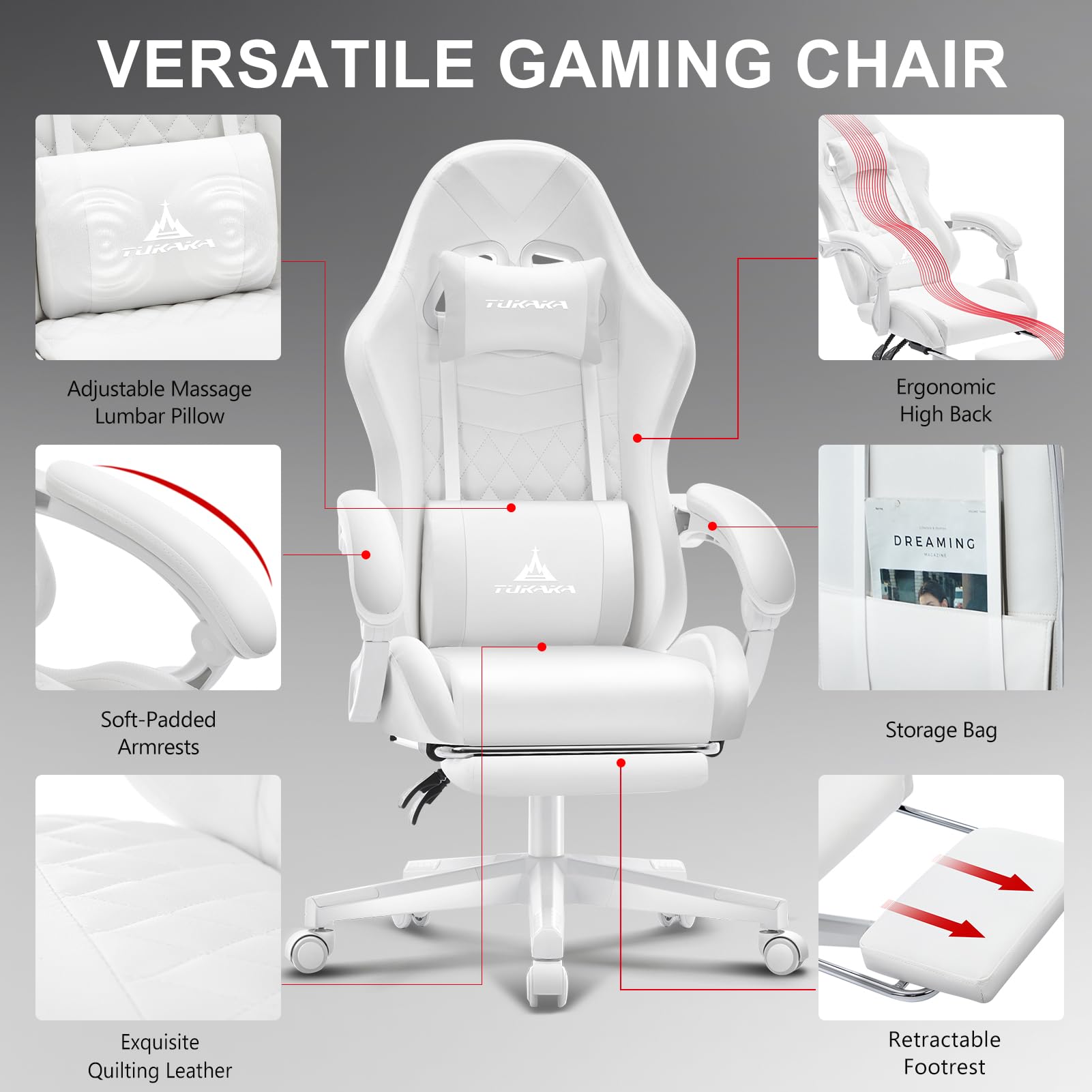 White Ergonomic Gaming Chair with Massage Lumbar and Footrest