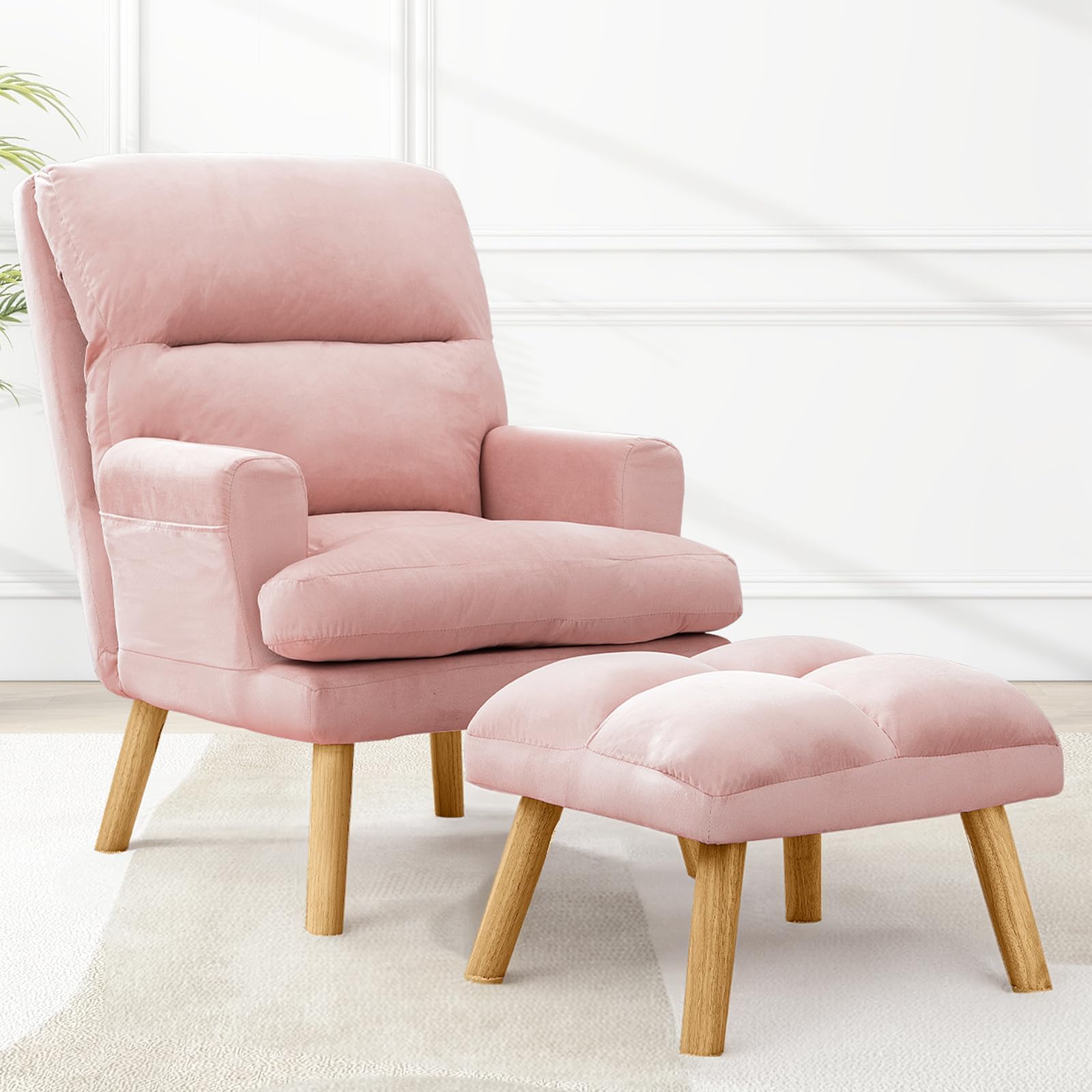 IOMOR Accent Chair with Ottoman Comfy Reading Chair Armchair with Adjustable Backrest and Side Pockets Soft Fabric Leisure Sofa for Bedroom, Living Room, Dorm Rooms, Garden, Pink