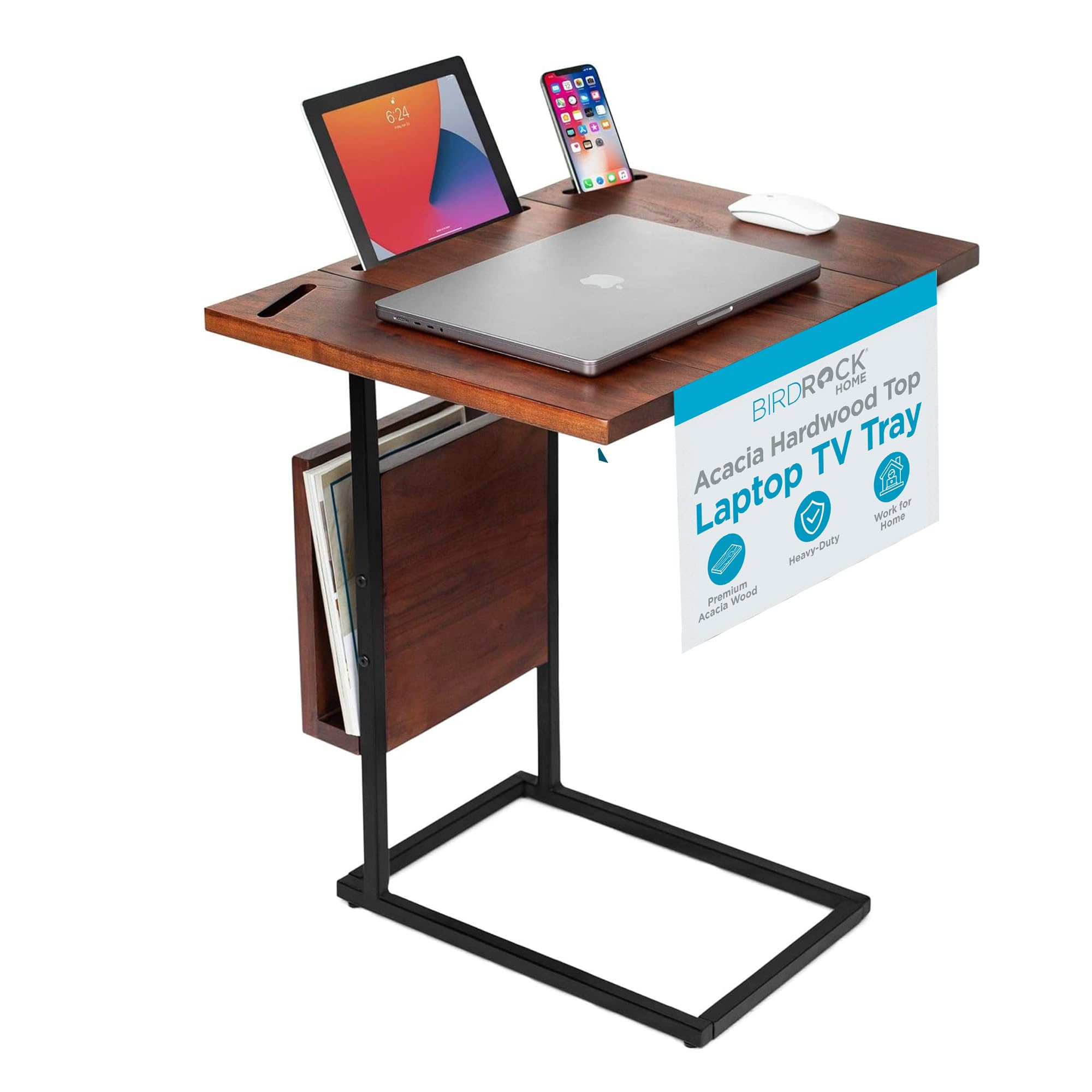 Acacia Wood Expandable C-Shaped Side Table with Phone & Tablet Stand