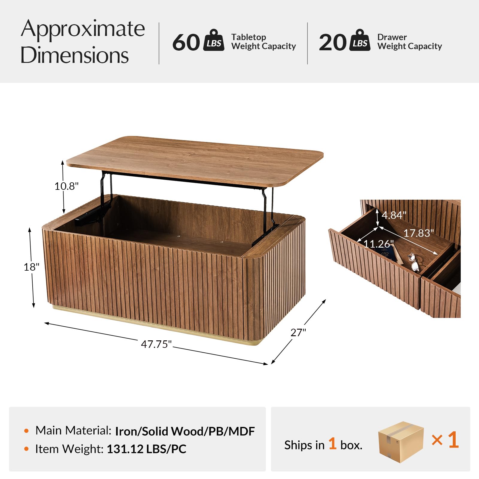 47" Lift Top Coffee Table with Storage