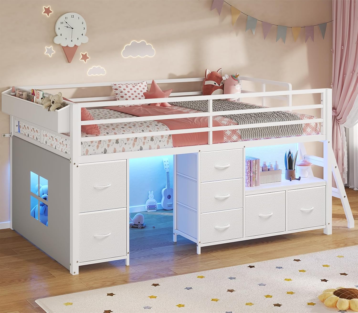 Low Loft Bed Twin Size with Storage Drawers and LED Lights
