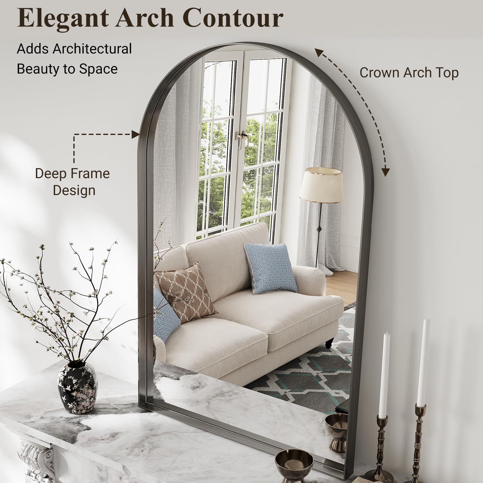 Arched Wall Mirror 30x48 Black Aluminum Frame
